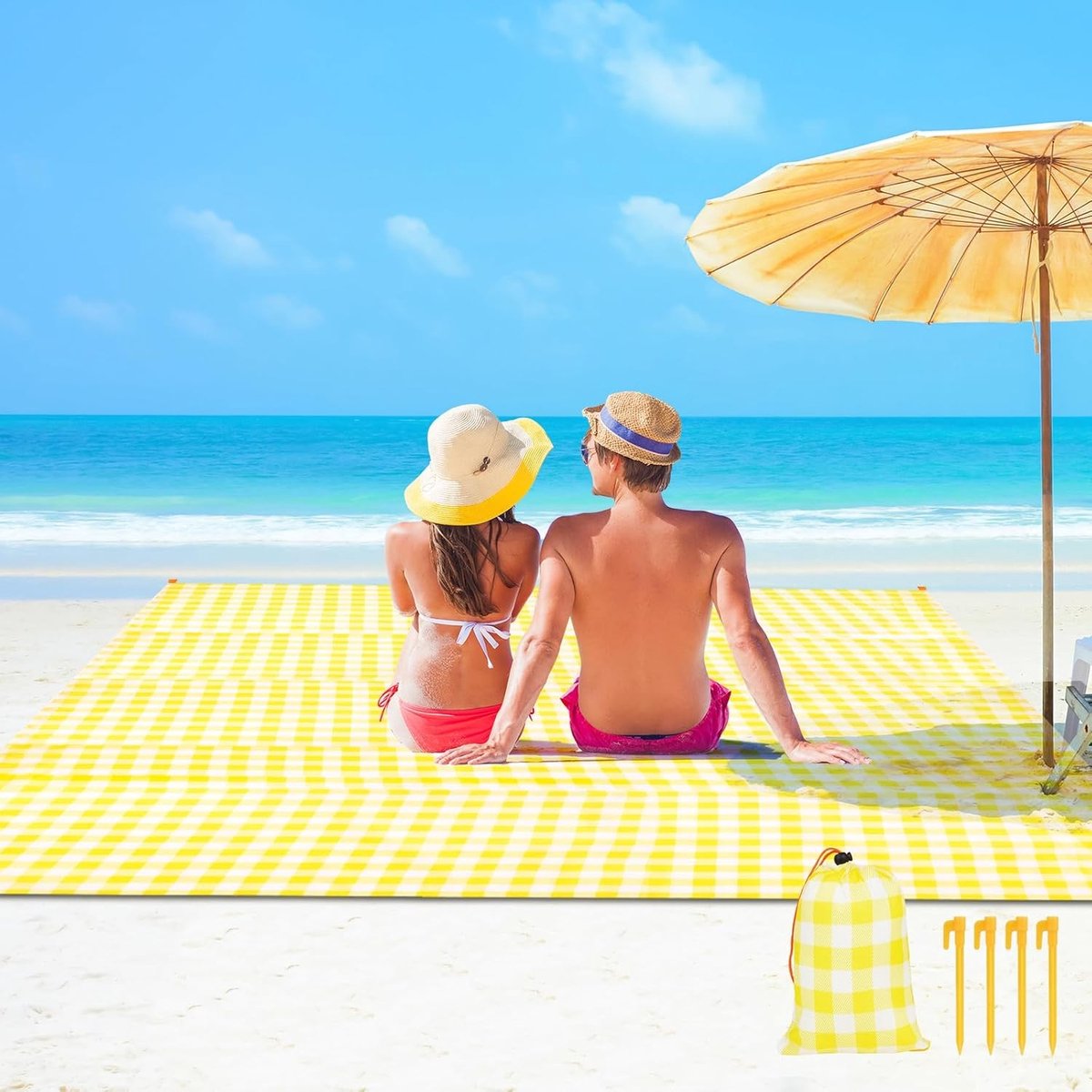 strandmat, mini-picknickdeken, draagbaar stranddeken, zandafstotend, campingmat, met 4 bevestigingshoeken, ultralicht, compact, buitendeken voor strand, reizen, kamperen en wandelen, 140 x 200