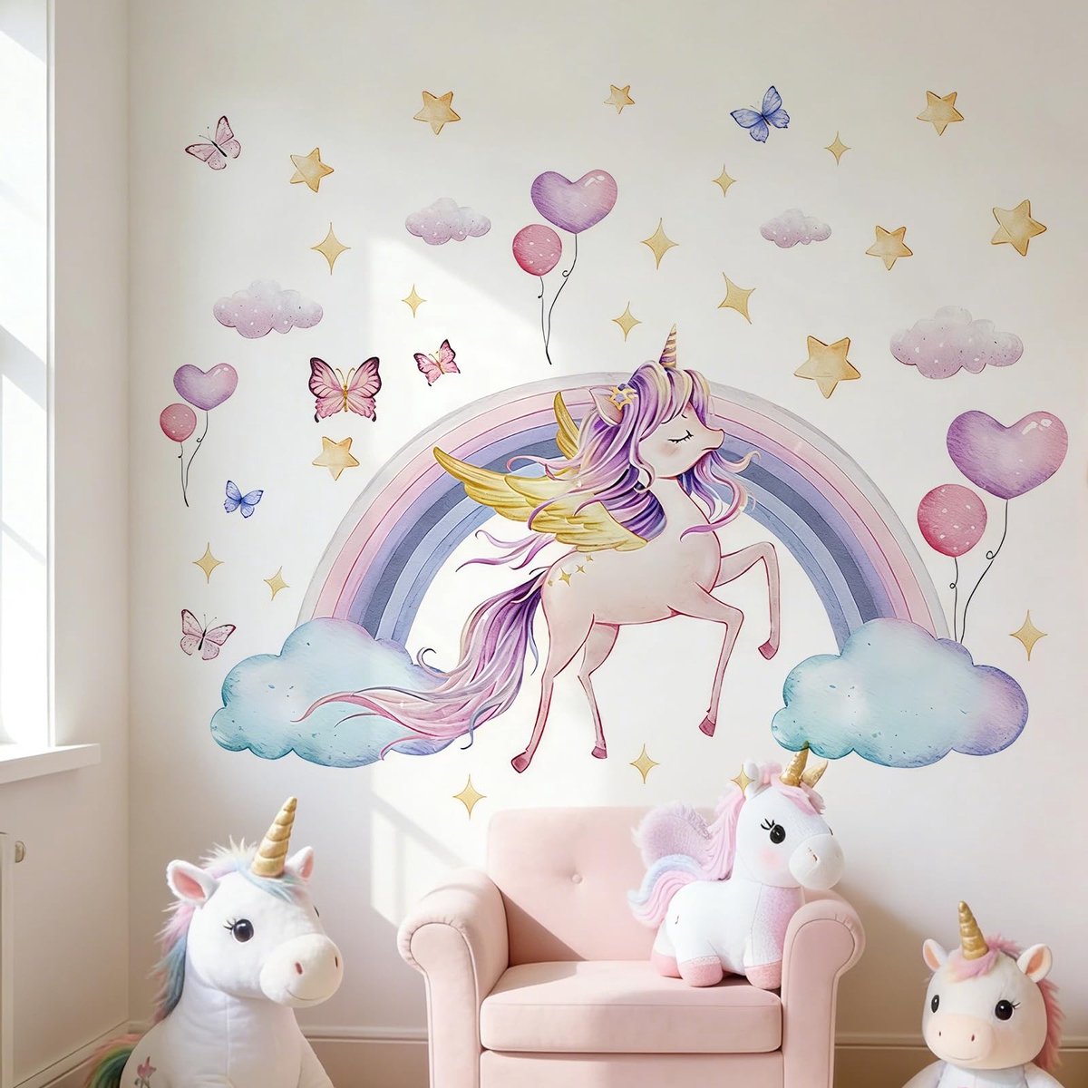 Dailygoods - Muurtattoo regenboog, eenhoorn, roze muurtattoo kinderkamer meisjes, sterren vlinders, muursticker kinderkamer meisjes, grote wandtattoo, zelfklevend, voor slaapkamer, babykamer, decoratie