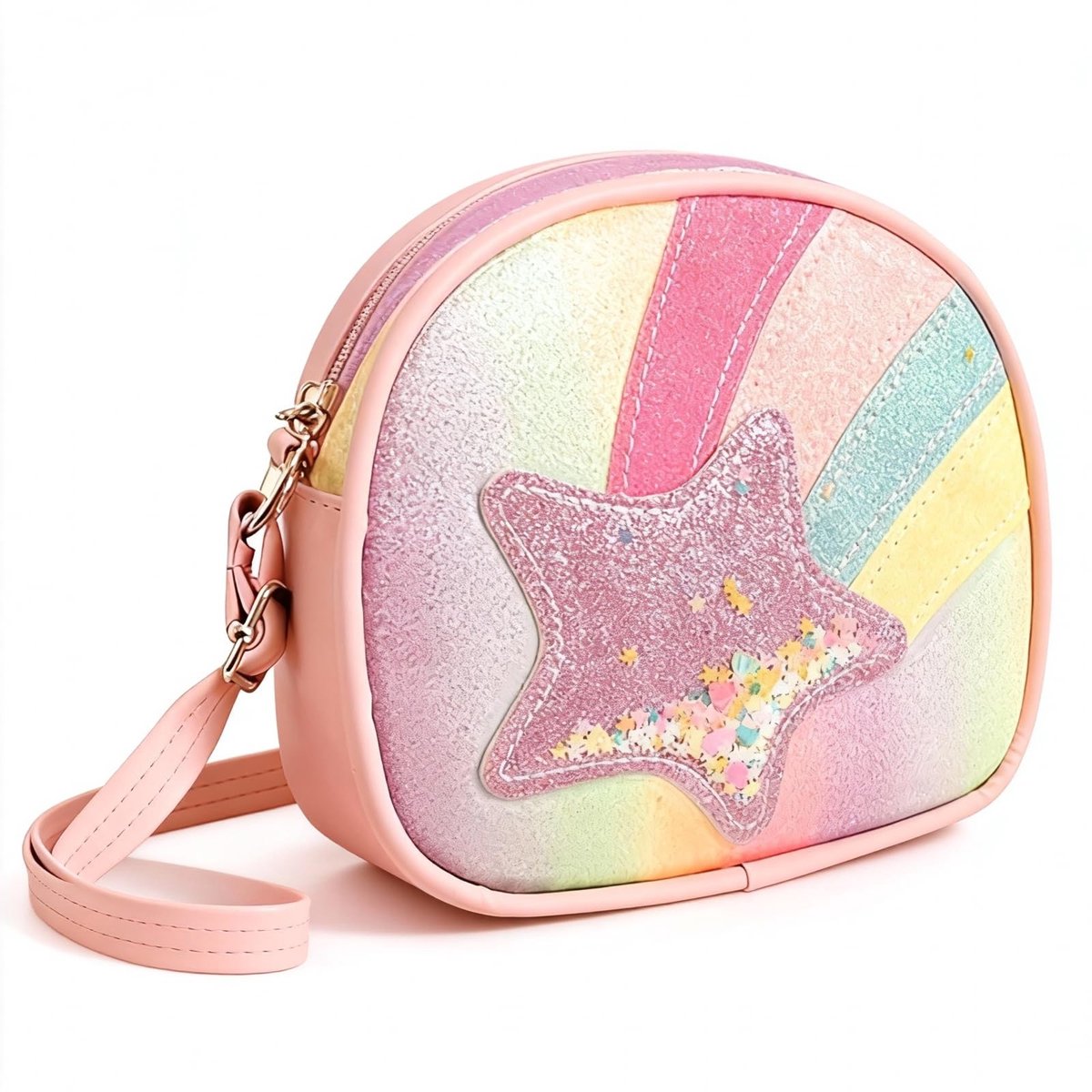 Dailygoods - Schoudertas voor kinderen, regenboog, meisjes, handtassen met verstelbare schouderriem, kinderhandtassen, regenboog, ster, crossbody tas, portemonnee, roze