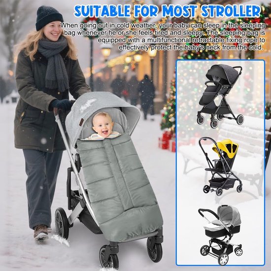 Thijox - Voetenzak Kinderwagen Winter Universeel, Waterdicht en Winddicht, Warm en Comfortabel, Met Ritssluiting, Trekkoord en Capuchon, Grijs, Perfec van Thijox — afbeelding 5