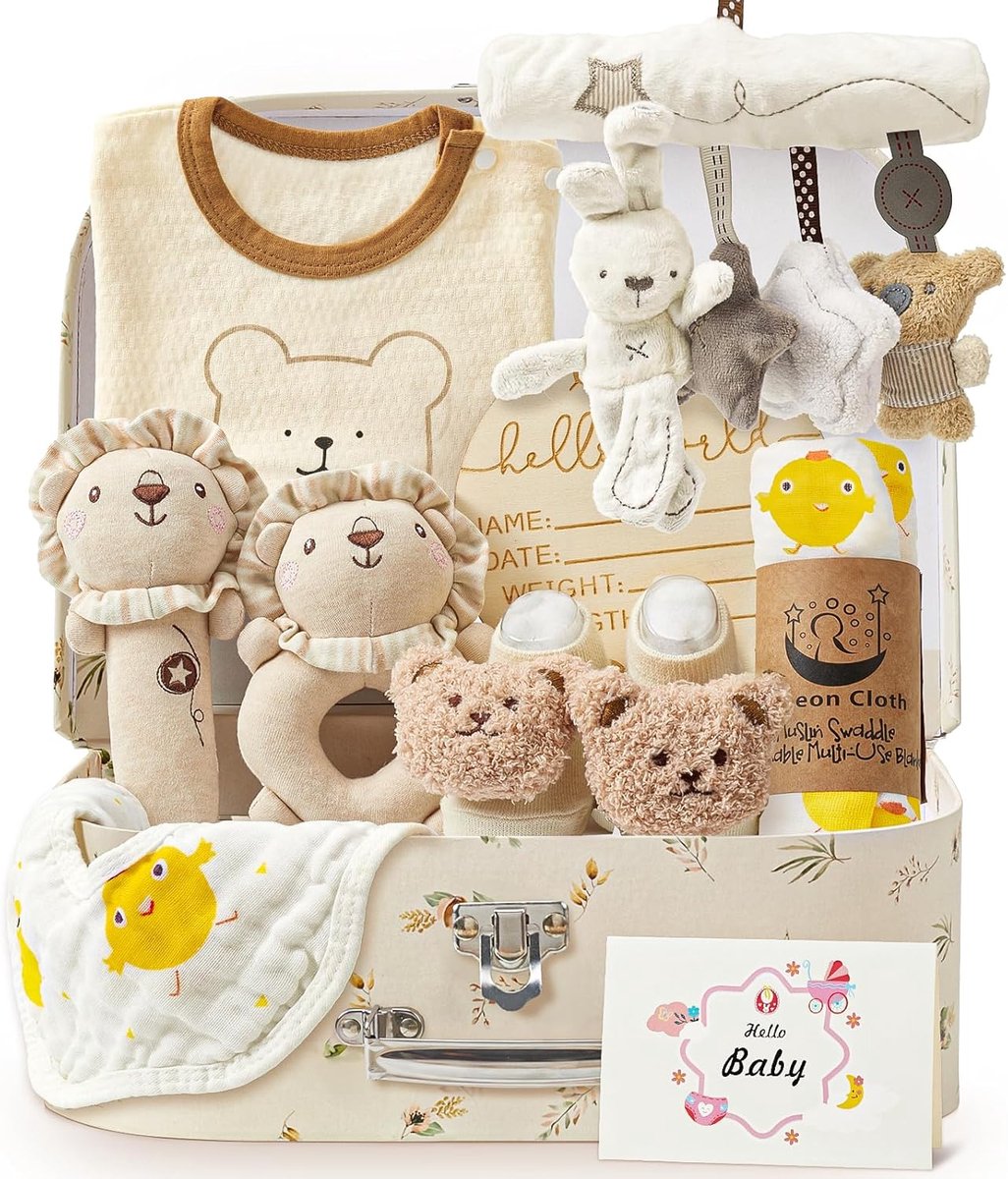 Thijox - Babycadeau voor jongens en meisjes, pasgeborenen, geboorte, babyromper, badhanddoeken, slabbetjes, sokken, rammelaar, herinneringsdoos, wensk
