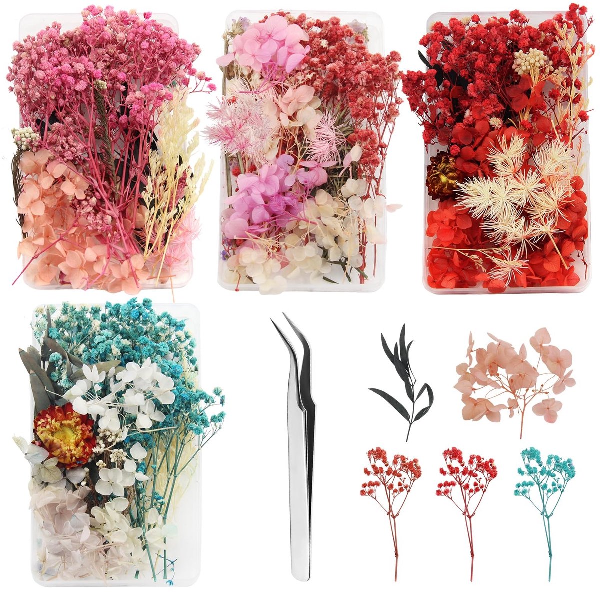 Dailygoods - 4 doosjes mini-gedroogde bloemen, epoxyhars, decoratief, met pincet, handwerk, kunstkaarsen maken