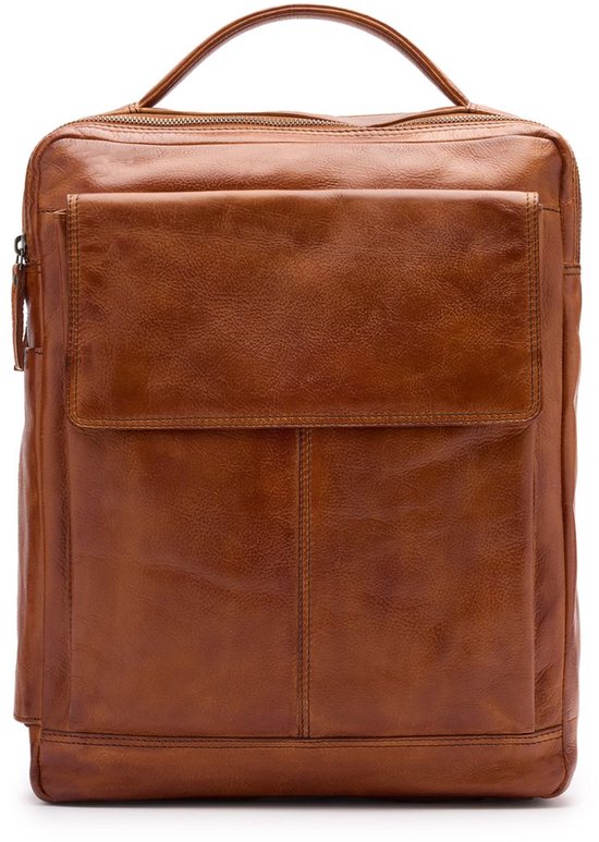 Manfield Cognac Leren Unisex Rugzak Met Ritssluiting - Maat Onesize