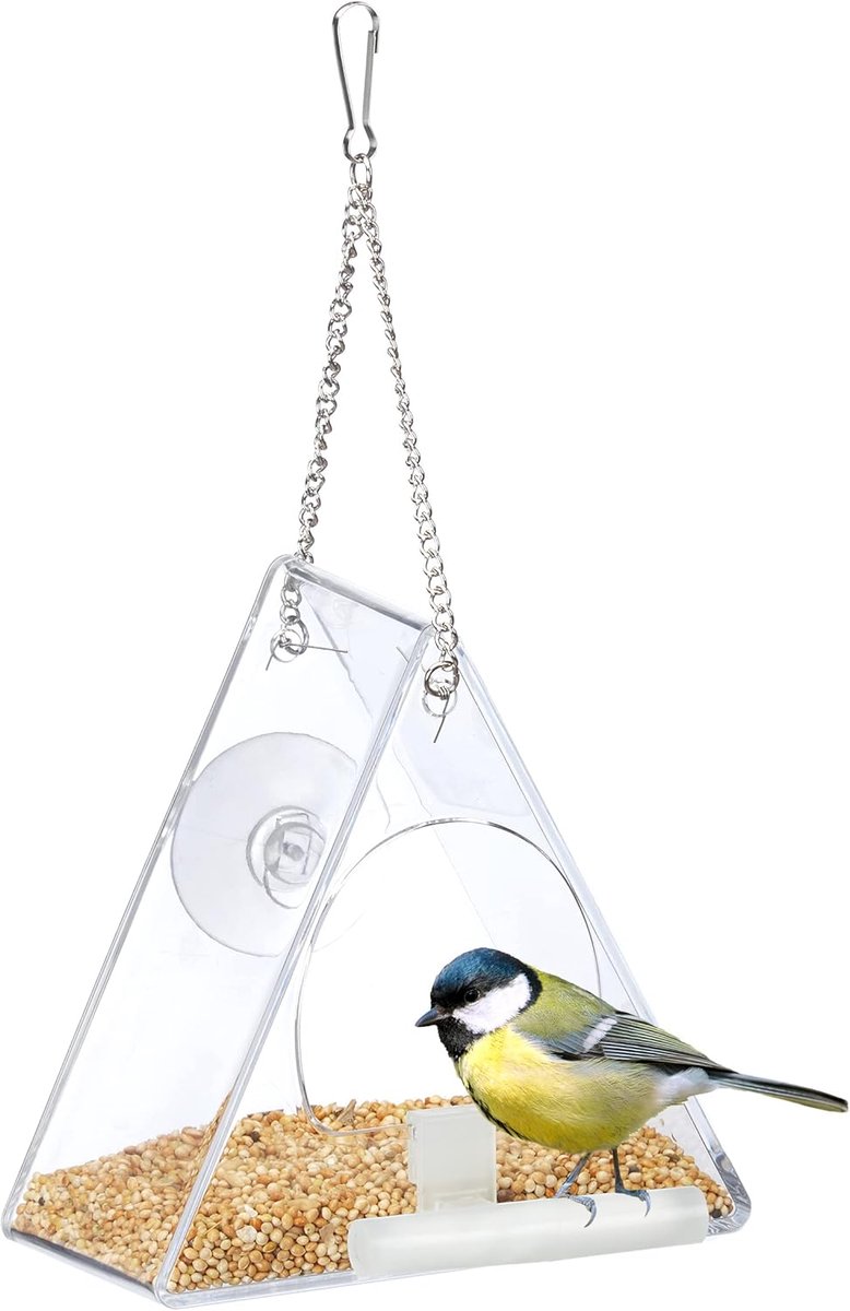 SnelShoppen - Vogelvoederhuisje voor Raam, Transparante Voedersilo voor Kleine Vogels, Ideaal voor Tuin en Balkon, 13x12,5x7,5 cm, Inclusief Zitstok