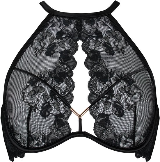 Zwarte kanten beugel bh met halternek, mesh en gouden ringdetails.