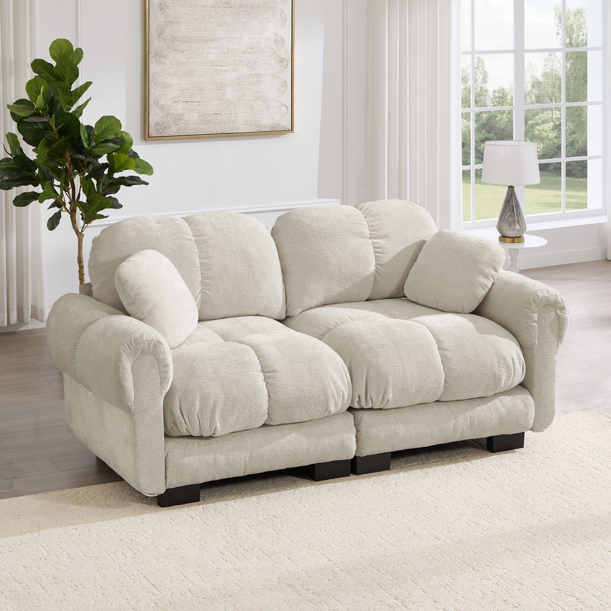 FloraGrace Zitbank 2-Zits - Modulair Chenille Sofa Met Gestikt Design En Dik Zitkussen - Voor Woonkamer - Chenille - Licht Khaki
