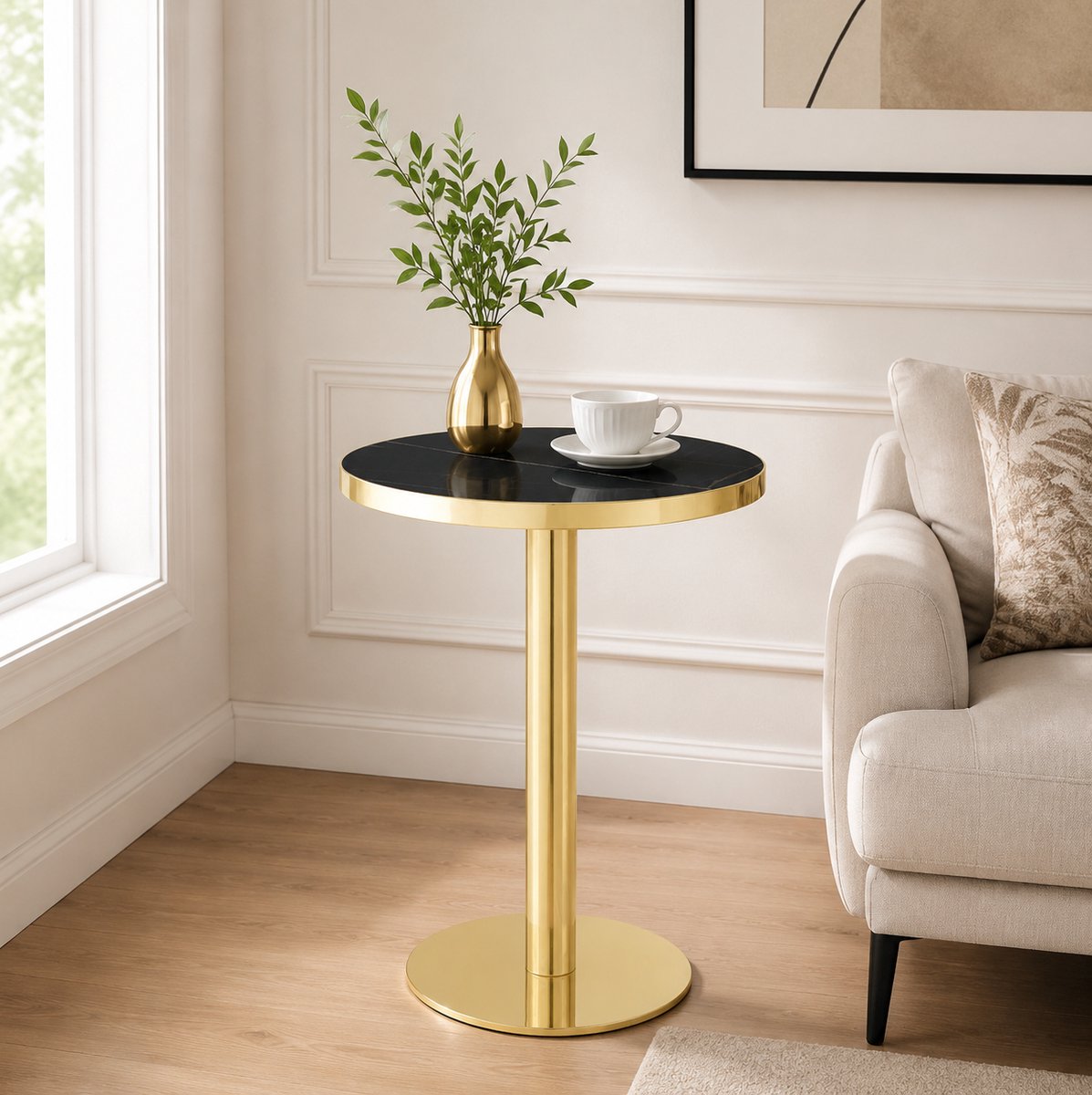MIVRAY Bijzettafel - Ronde Tafel Met Marmerlook En Goudkleurig Frame - Modern Voor Woonkamer Of Slaapkamer - Zwart MDF - 60 x 74 cm
