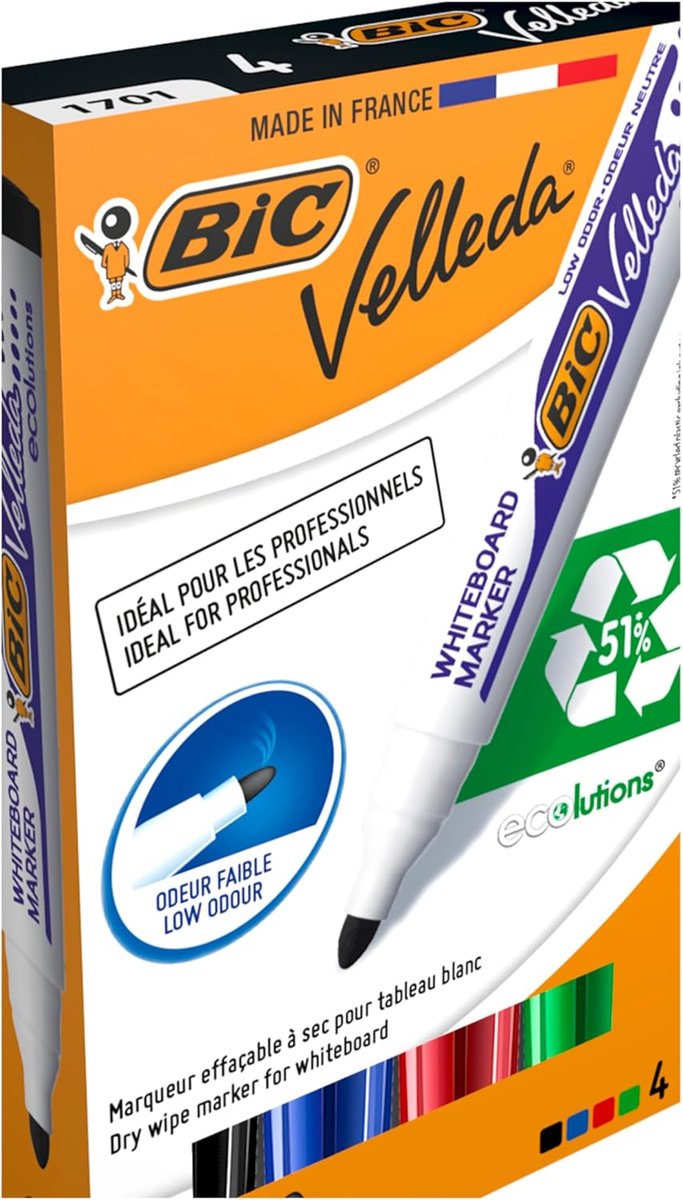 Thijox - Whiteboard Stiften Medium Kogelpunt - 4 Stuks in Diverse Kleuren - Eco-vriendelijk, Ideaal voor School, Kantoor en Creatieve Projecten