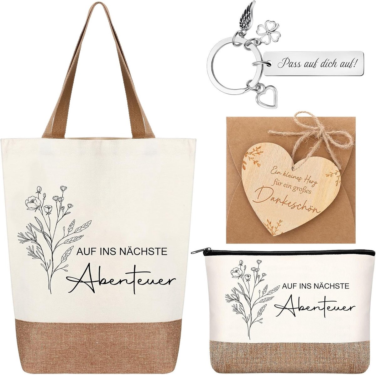 Vijfdelige cadeau set voor afscheid van collega's met jute tas, toilettas, geluksbrenger en gegraveerde houten hartjes voor vrienden en reizigers