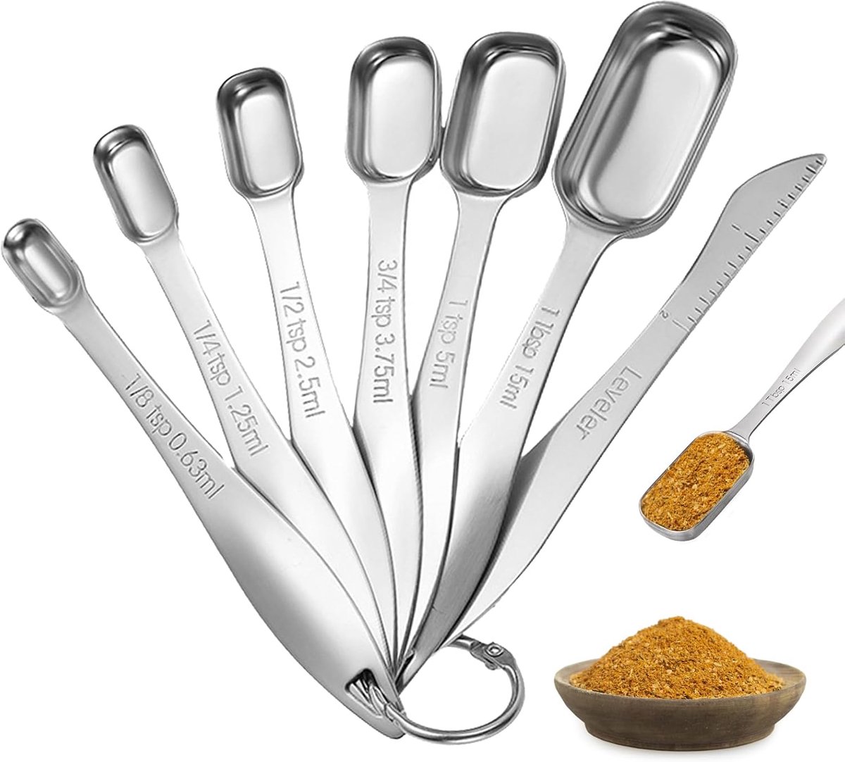 Thijox - 7 stuks U-knop Maatlepels Roestvrij Staal 18/8 - Vierkante Maatlepelset - Zilver - Maatlepels met Nivellerer voor Droge en Vloeibare Ingredië