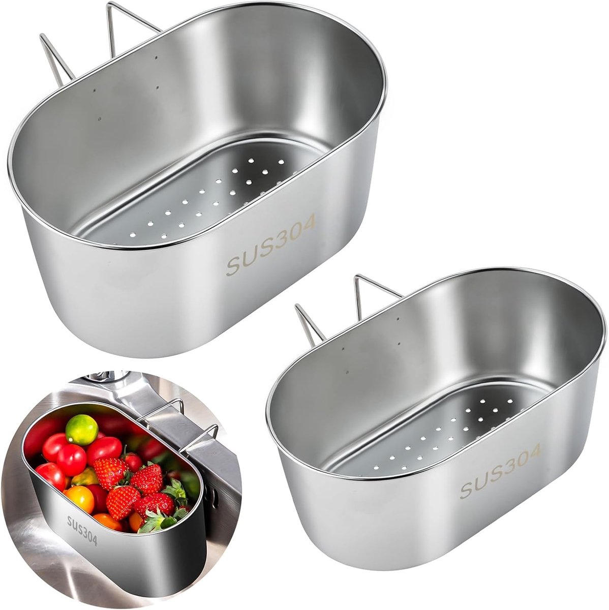 2 Stuks RVS Afvoer Organiser, Keuken Strainer en Drainer, Ideaal voor Groenten en Fruit, Praktische Caddy en Mand voor de Gootsteen