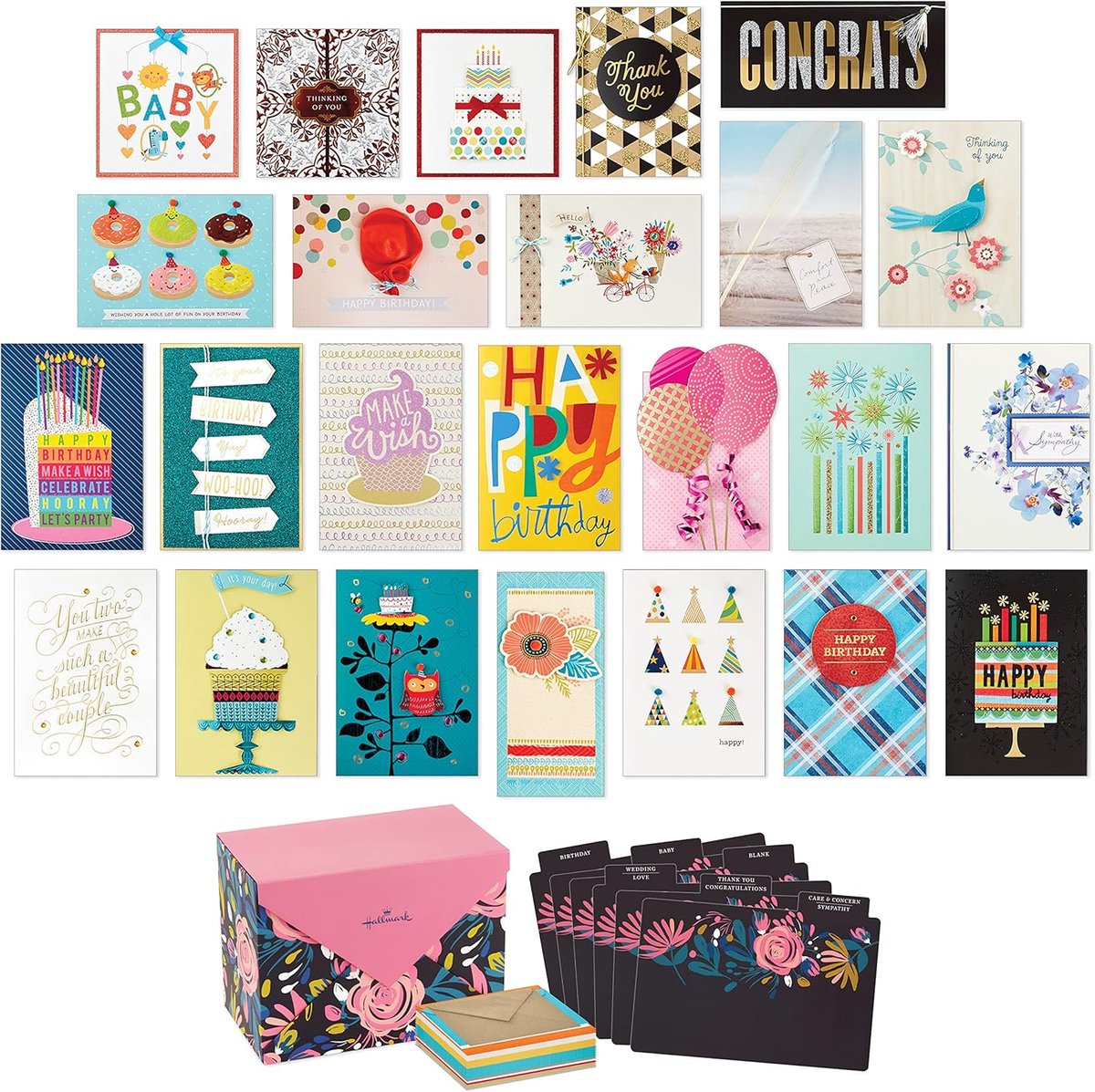 Thijox - Set van 24 Handgemaakte Wenskaarten met Enveloppen - Moderne Bloemen - Verjaardag, Babyborrel, Bruiloft, Sympathie, Bedankkaarten - Georganis