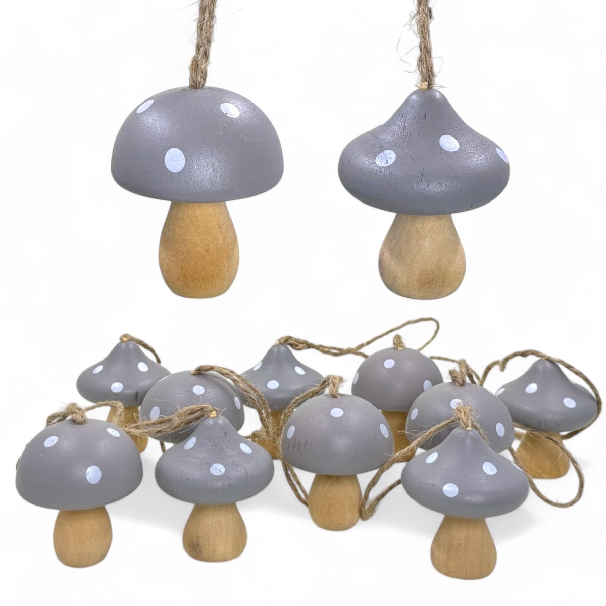 Dailygoods- Kerstboomhangers Set van 10 - Houten Paddenstoelen - Vliegenzwam-Design - Vintage Decoratie - 4 x 5 cm - Zachte Jute Lusbanden - Kerstdecoratie