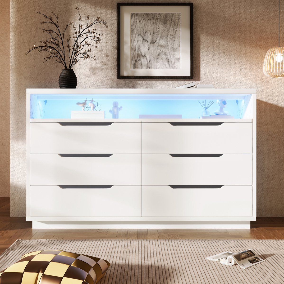 MEUNIQ dressoir 120 x 40 x 85 cm met 6 lades, open opbergvak en LED-verlichting, witte kommode voor woonkamer, slaapkamer of eetkamer