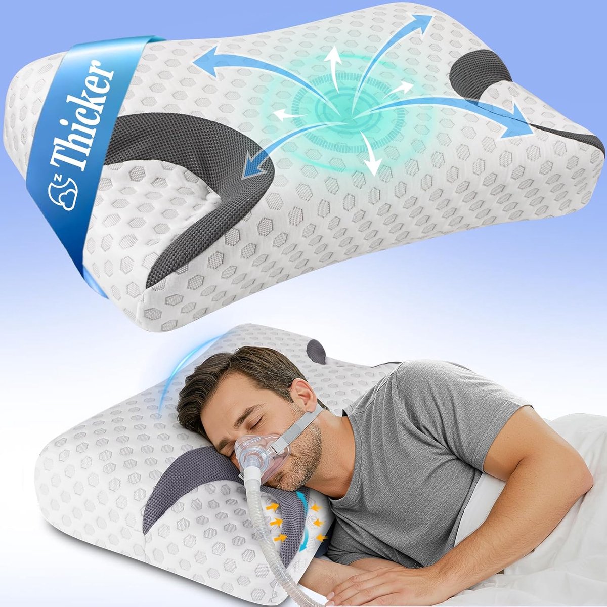 Thijox - Hydomi CPAP Nekkussen Visco-elastisch Schuim, Ergonomisch Orthopedisch Kussen voor Neksteun, Ideaal voor Zijslapers en Mondademers, Grijs