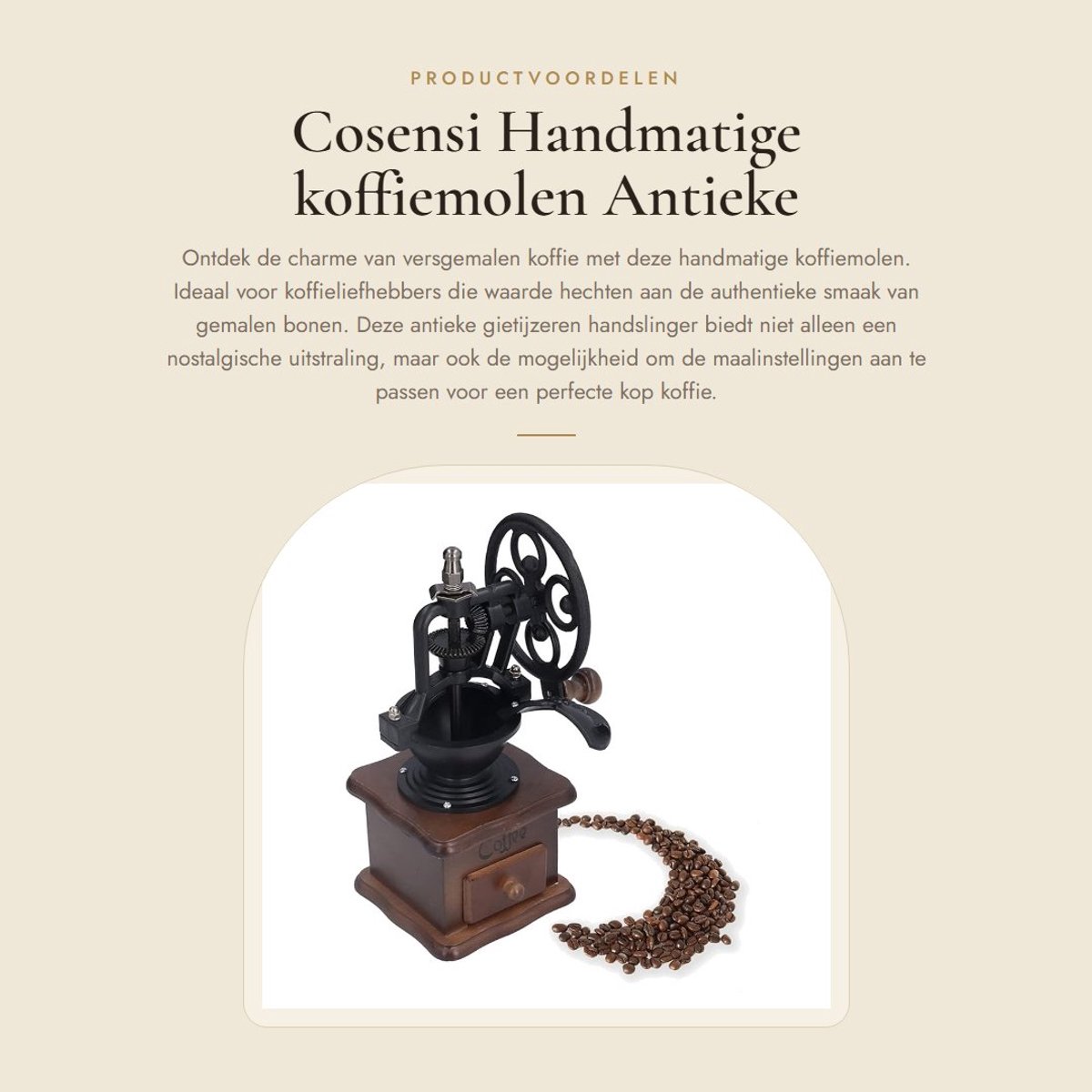 Dailygoods- Koffiemolen Handmatig - Antieke Gietijzeren Koffiemolen - Retro Stijl - Maalinstellingen - Opvanglade - Hout en IJzer