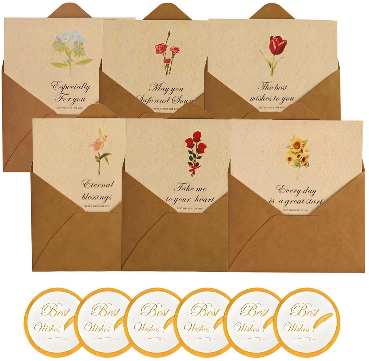 Dailygoods- Bedankkaarten Set - 6 Wenskaarten - Enveloppen Kraftpapier - Goudbedrukte Zegelstickers - Blanco Kaarten - Hoogwaardige Materialen