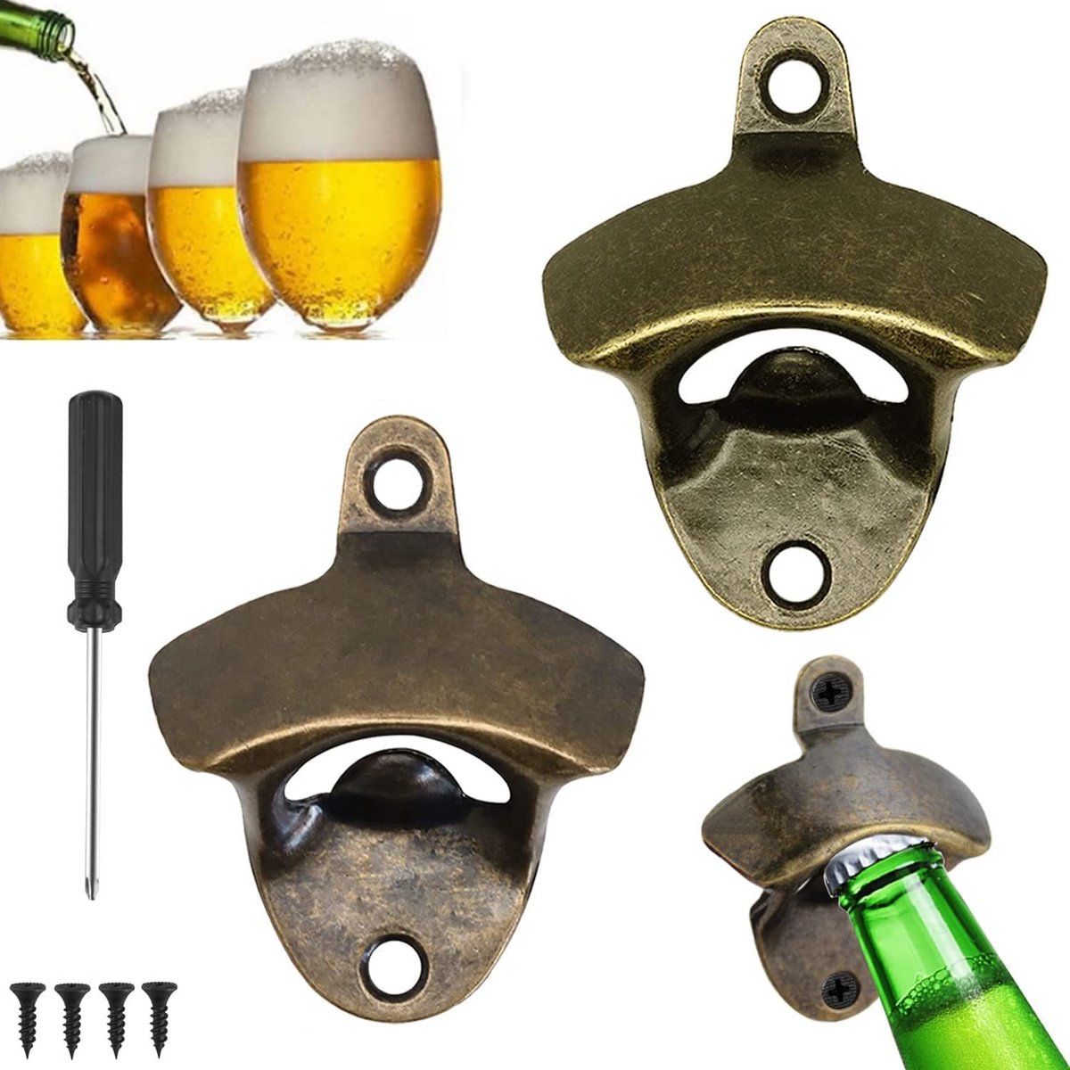 Dailygoods - Flesopener Wandmontage Bieropener 2 Stuks Wandflesopener Bierflesopener voor Bar Keuken Appartement Patio Restaurant (Brons, Rood Patina)