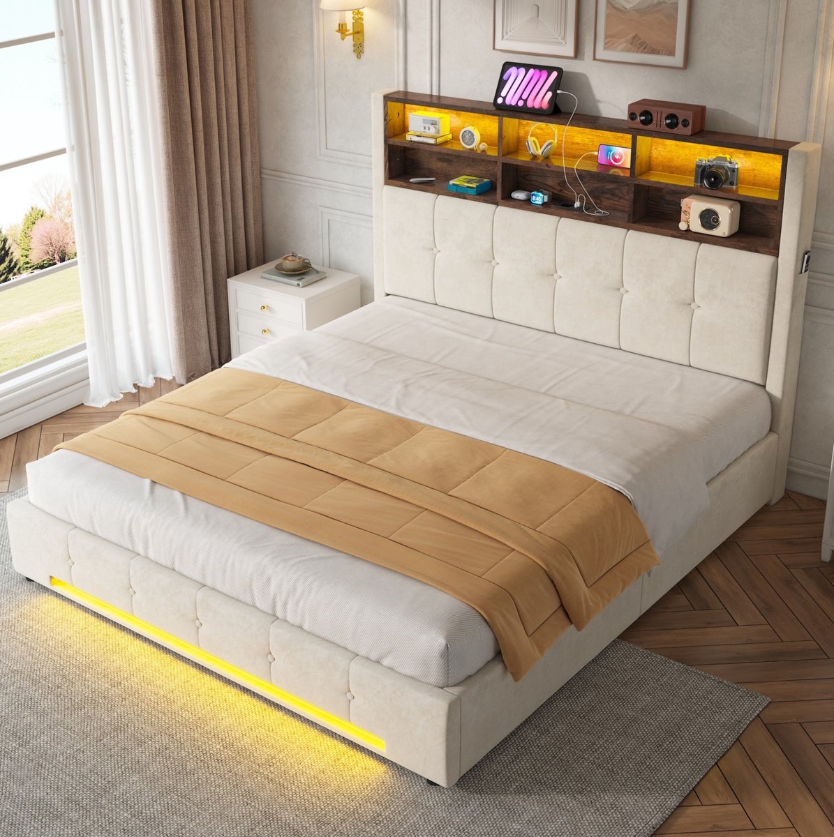 STILVORA Bed 160x200 cm – Multifunctioneel Hoofdbord Met 6 Vakken, USB-C & LED – Hydraulische Opbergruimte – Tweepersoons Fluwelen Bed – Zonder Matras – Beige