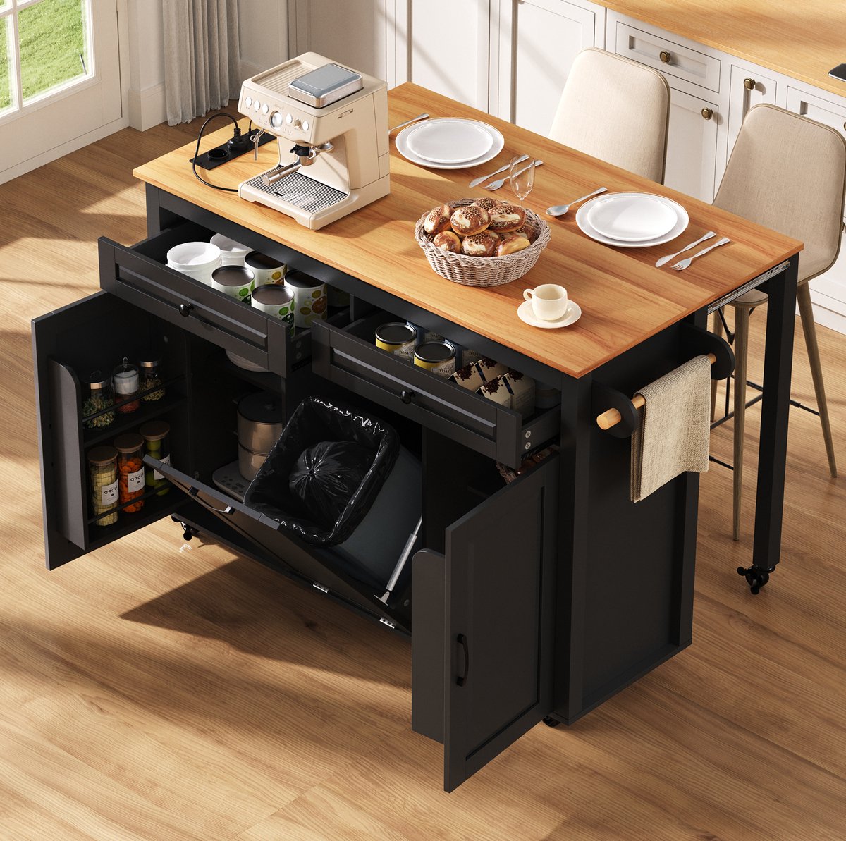 DESMIU Keukeneiland - Uitschuifbaar Met Stopcontacten En Opbergruimte - Voor Keuken En Eethoek - MDF - 120x40-75x92 Cm - Zwart