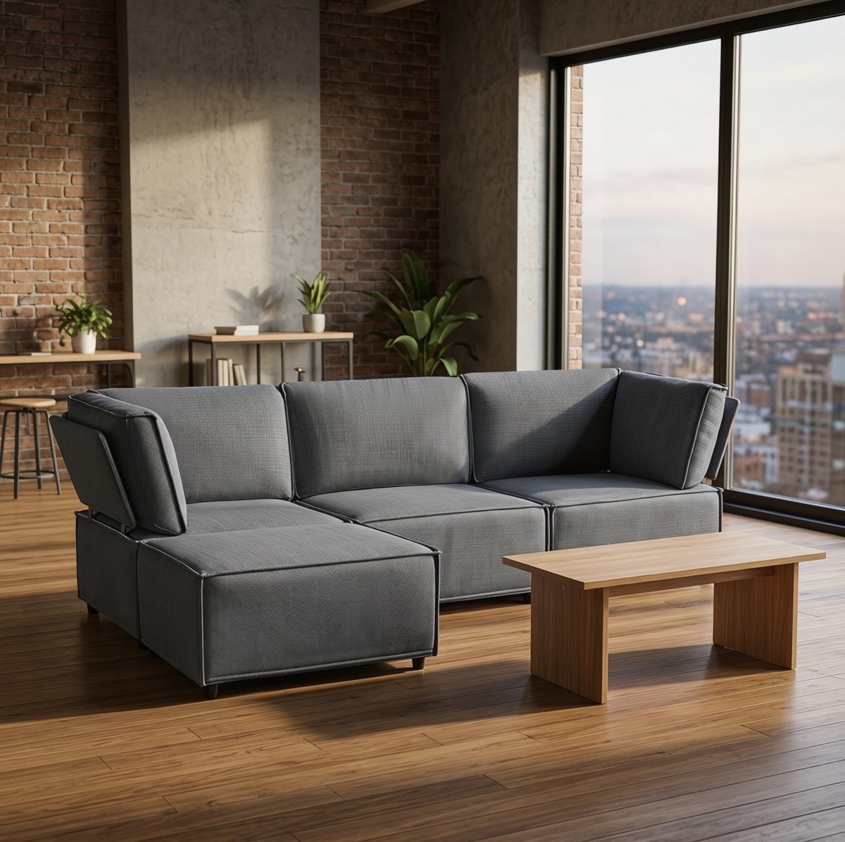 FloraGrace Hoekbank - 4 Zitplaatsen Modulaire Bank - Vrij Samen Te Stellen, Met L-vormige Chaise Longue - Voor Woonkamer - Linnen - Donkergrijs