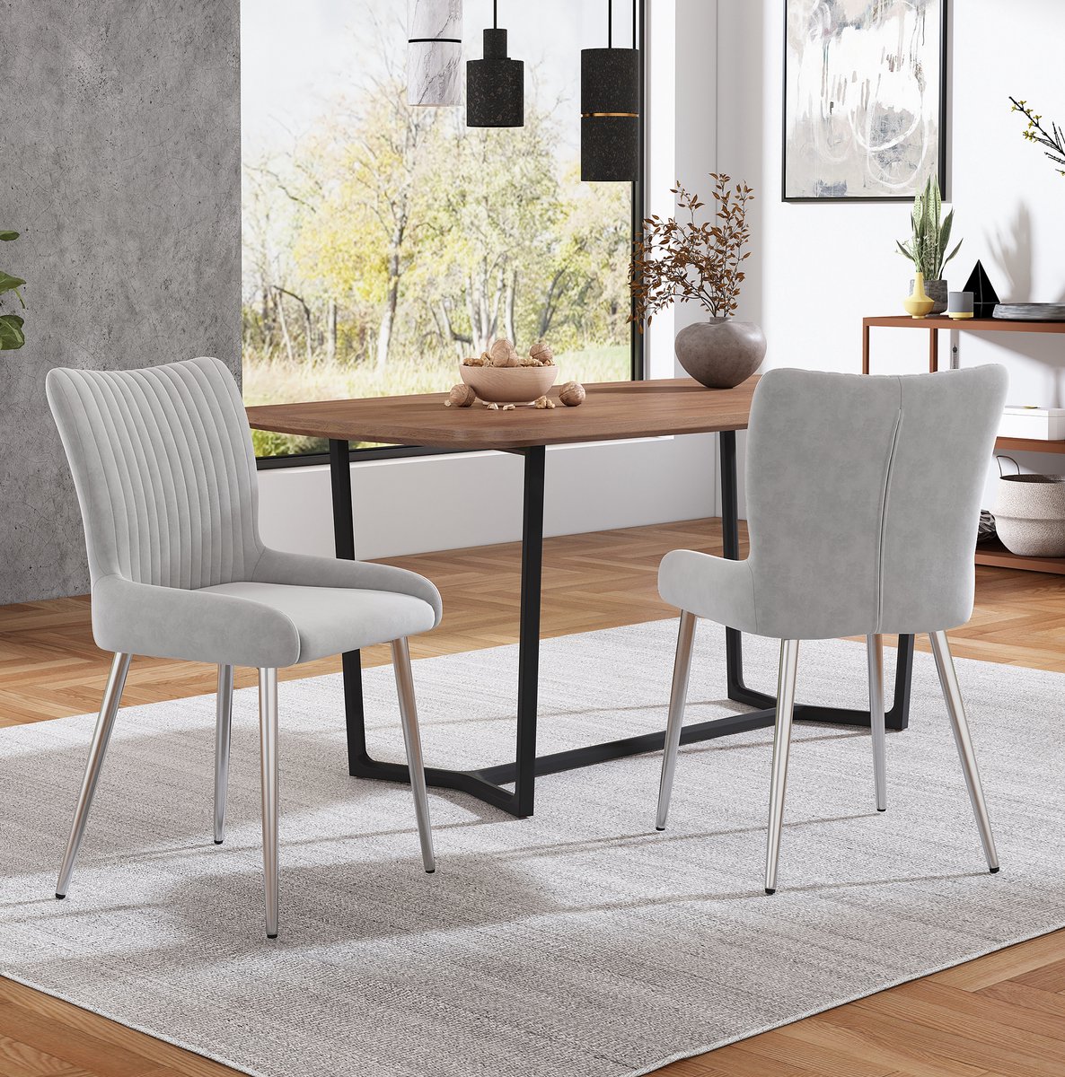 DESMIU Eetkamerstoel - Set Van 2 - Velvet Met Armleuningen En Gestikt Patroon - Voor Woonkamer En Slaapkamer - Metaal - Grijs