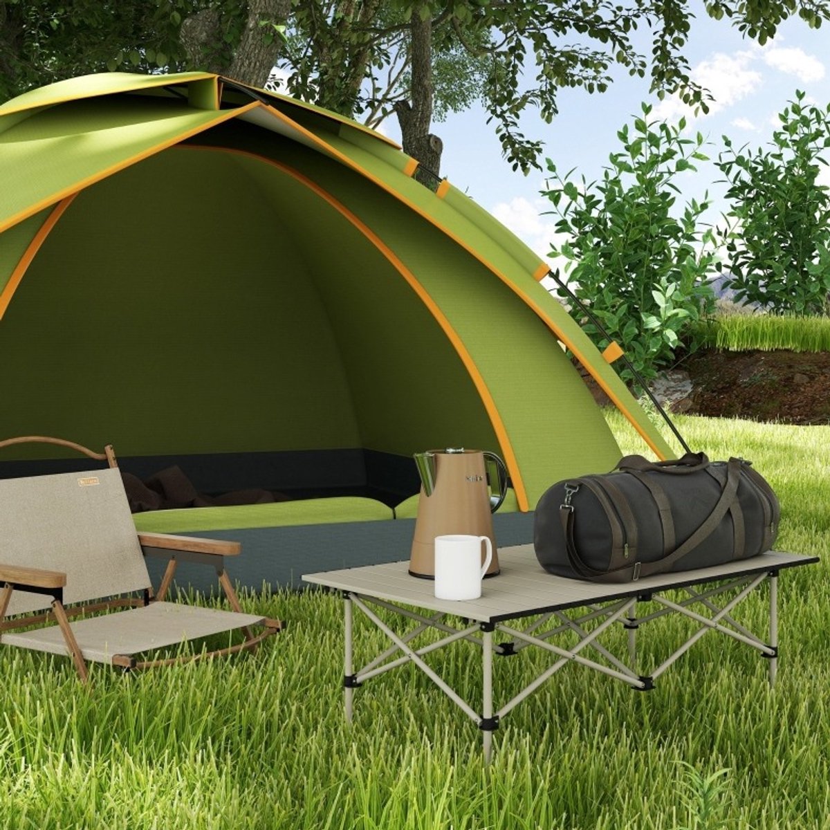 MEUNIQ campingtafel 95 x 55 x 50 cm, aluminium klaptafel met oprolbaar tafelblad, X-frame en draagtas, rechthoekige bijzettafel voor balkon, tuin en camping, Khaki
