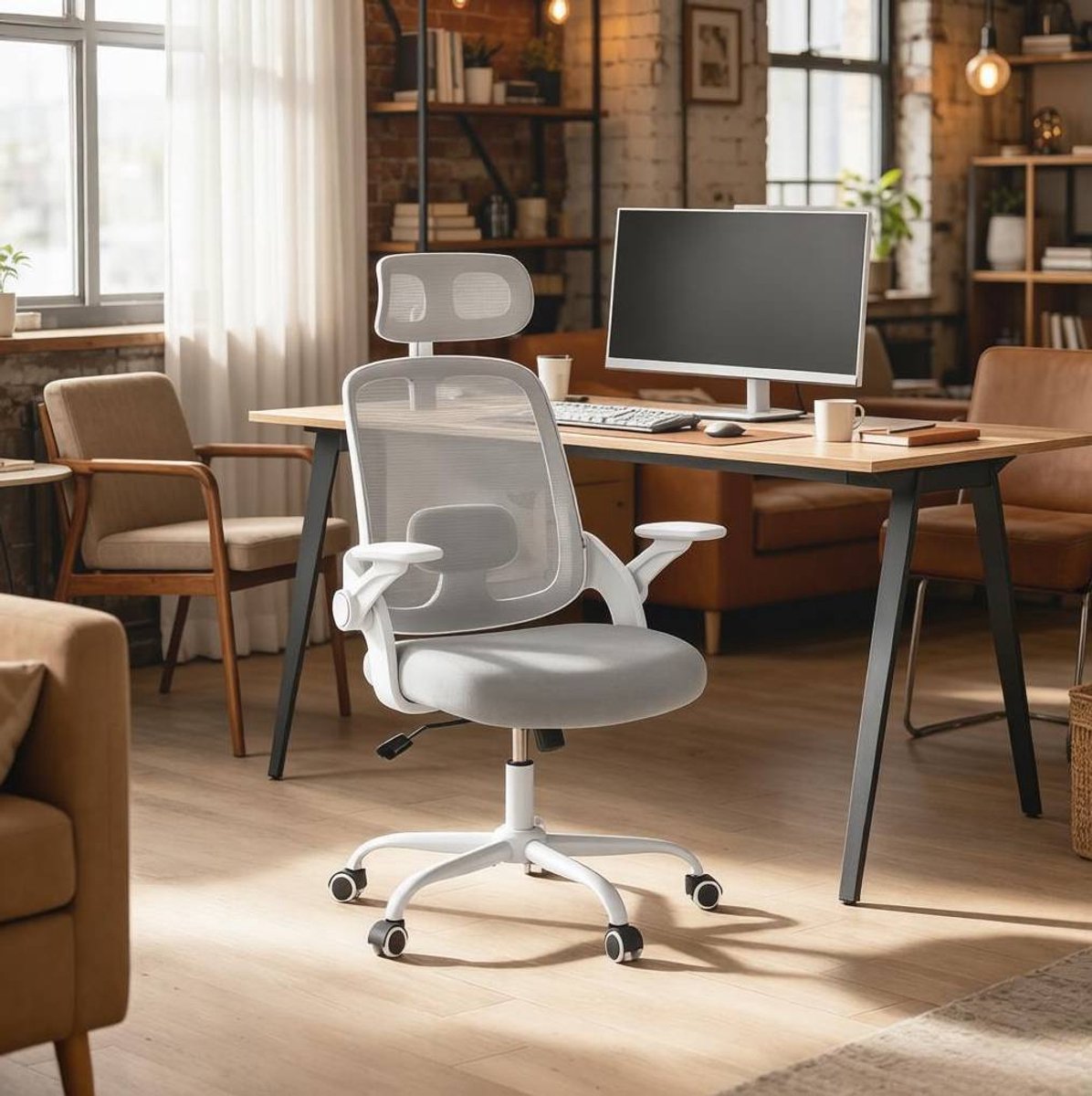 MIVRAY Bureaustoel 63,5 x 47 x 117,5 cm - Ergonomisch Met Netrug, Hoofdsteun En 3D Armleuningen - Voor Kantoor En Studeerkamer - Netstof En Lichtgrijs
