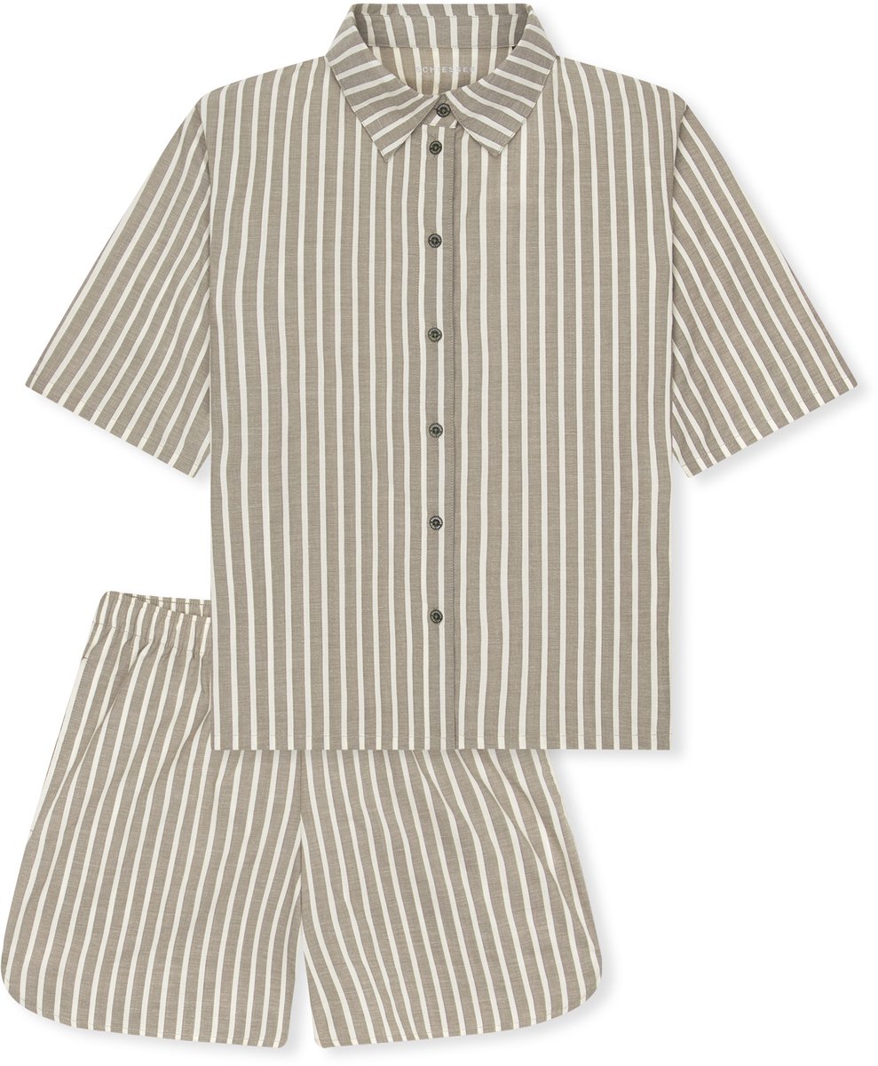 Schiesser dames Selected Premium korte pyjama van geweven stof met strepen in terracotta-kleur - olijfgroen dessin