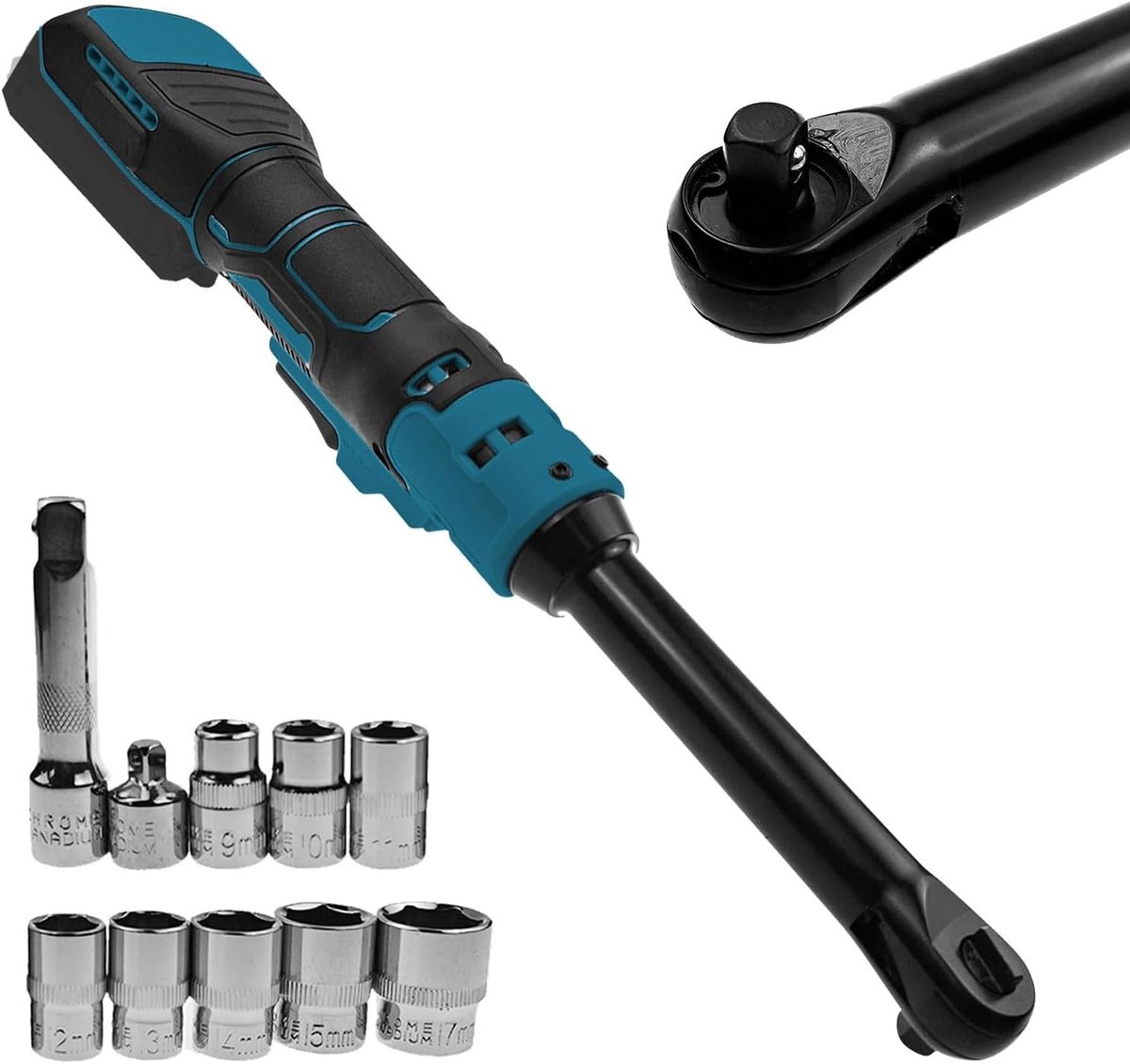 Accu Ratelsleutel 3/8" met 16 cm Verlengde Kop, 320 U/min en 80 N.m Koppel, Inclusief LED Licht en 8 Opzetstukken voor Efficiënt Gebruik
