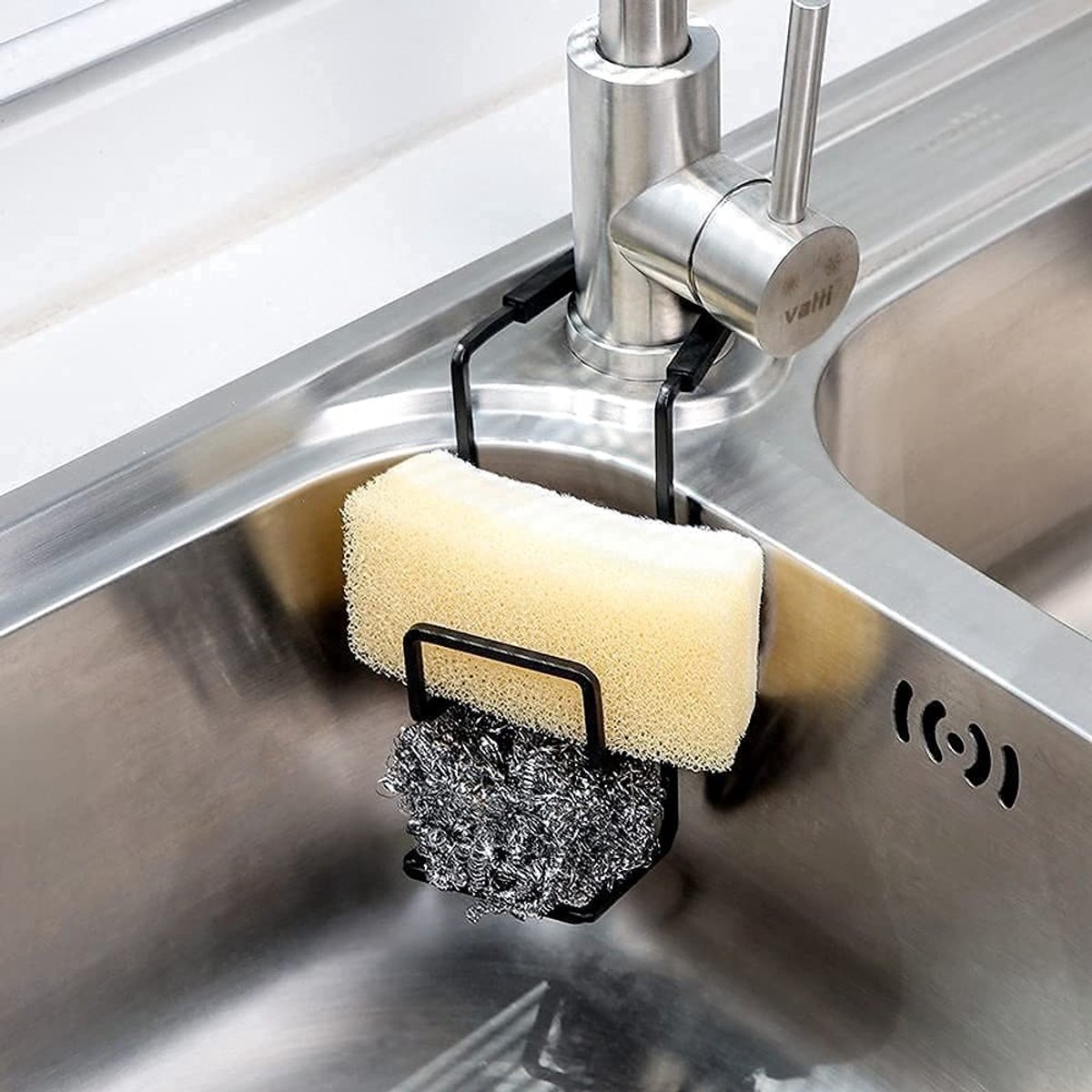 Gootsteen Caddy en Spons Houder - Zwart Metaal en Siliconen