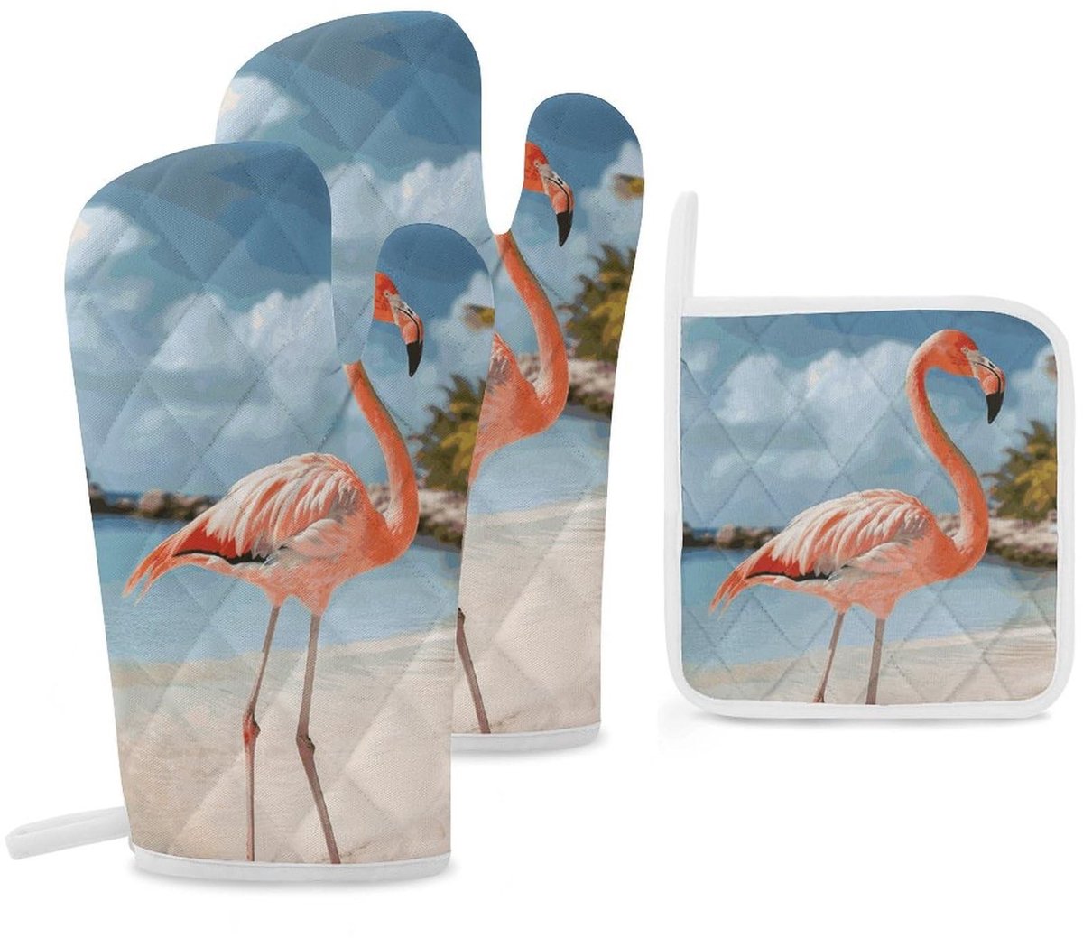 Ovenwanten en pannenlappen set van 3 - Strandflamingo