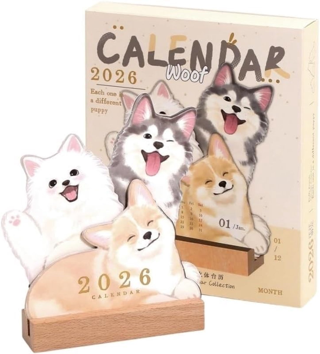 Mini Desk Calendar 2026 - Houten Basis - Voor Huisdieren