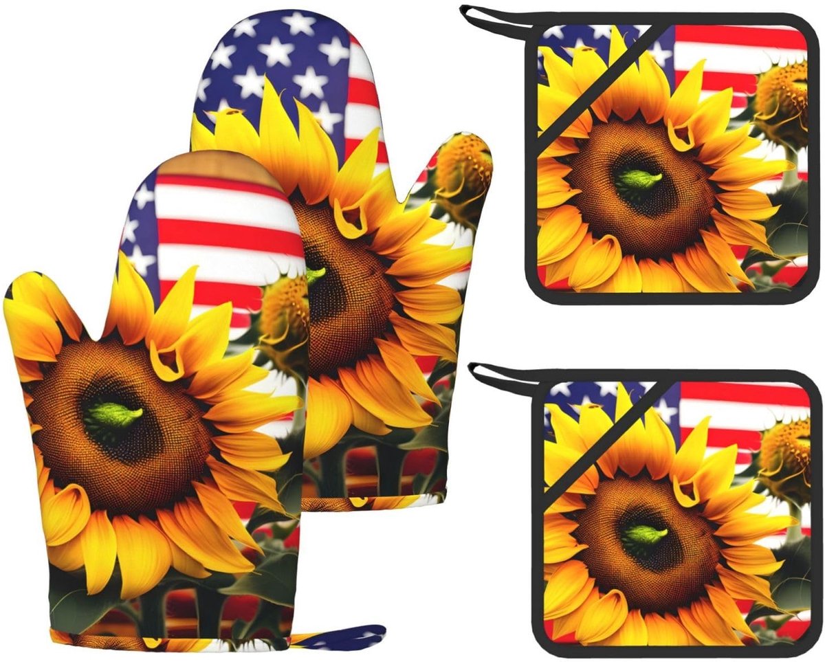 Keukenset met zonnebloem en Amerikaanse vlag print - Hittebestendige ovenhandschoenen en antislip pannenlappen