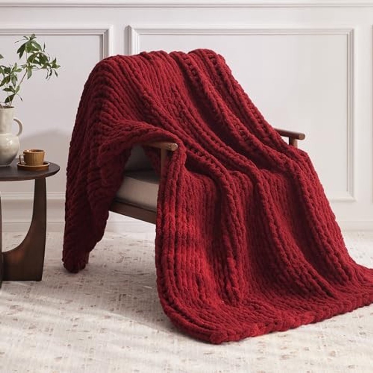 Chunky Knit Blanket - Handgemaakt, Rood, 127 x 152 cm