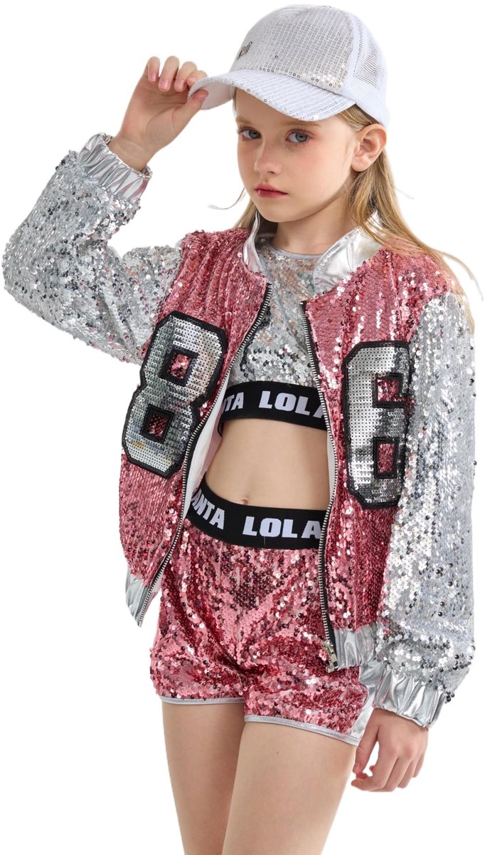 4-delige Meisjes Hip Hop Dans Kostuum - Sequins Jazz Set - Roze