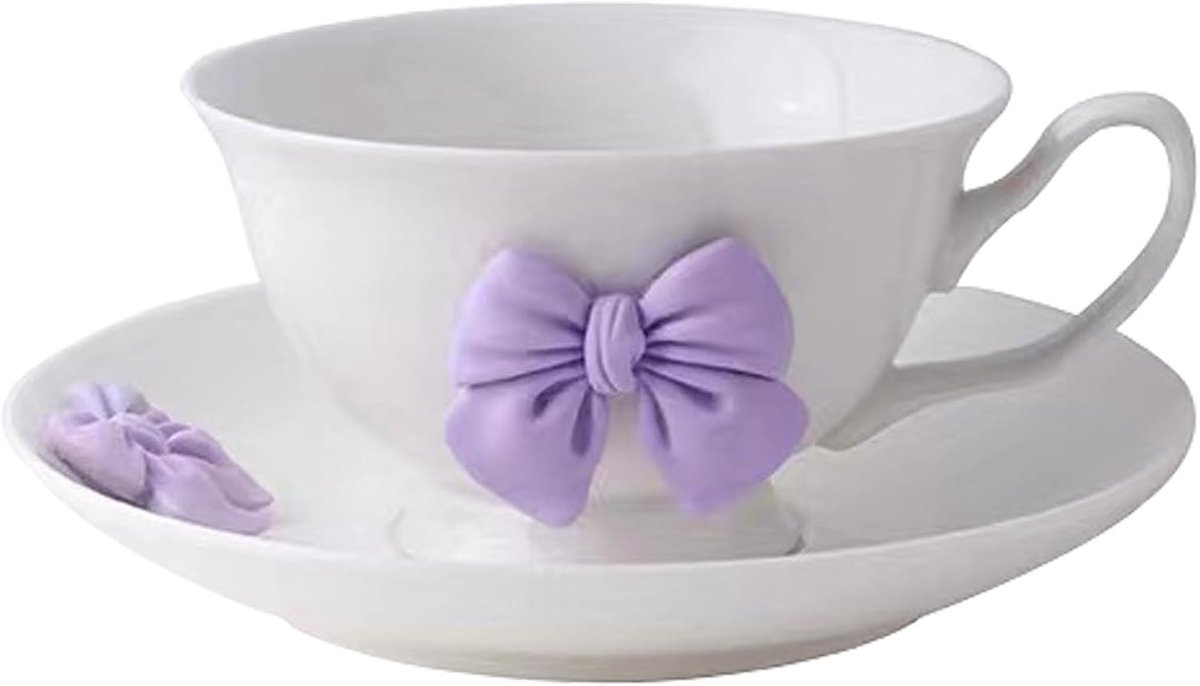 Set van paarse koffiekoppen met schotels - 200ml keramische mokken met strik - schattige porseleinen koffie- en theekoppen