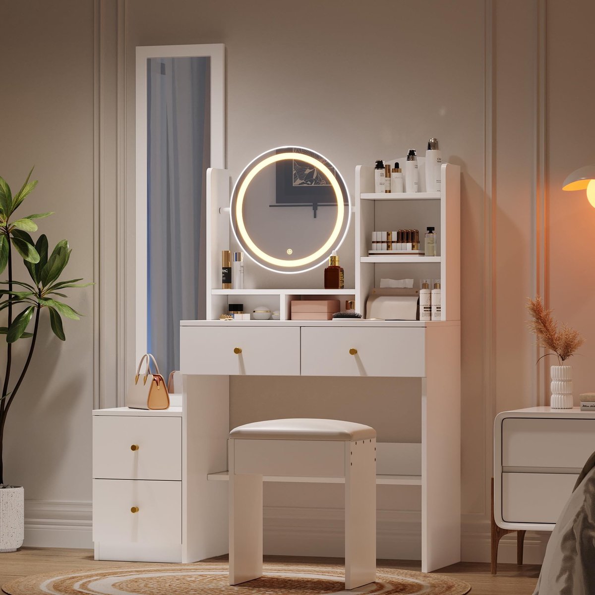 Make-uptafel met spiegel - Inclusief ledverlichting en 2 laden - Wit