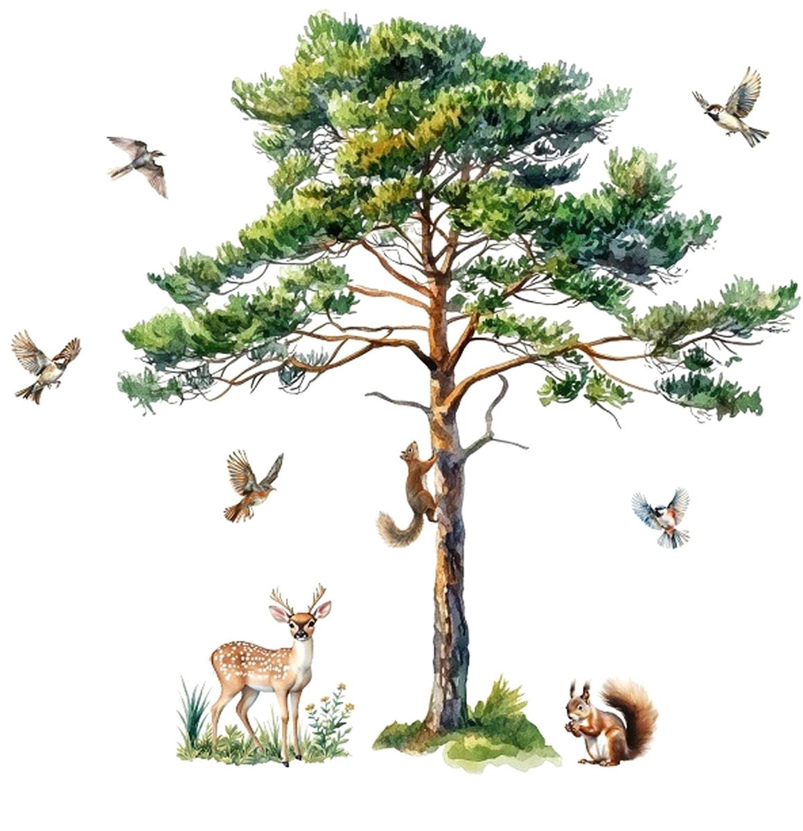 Grote Muursticker - Boom met dieren - 115 x 112 cm