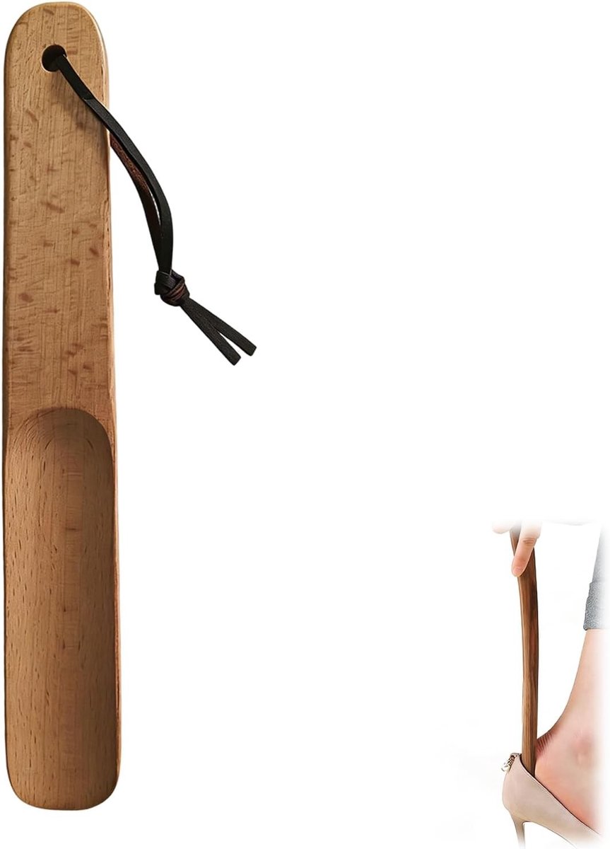 Ergonomische houten schoenlepel met ophangkoord, ideaal hulpmiddel voor gemakkelijk aantrekken van schoenen, perfect voor ouderen en mensen met beperkte mobiliteit