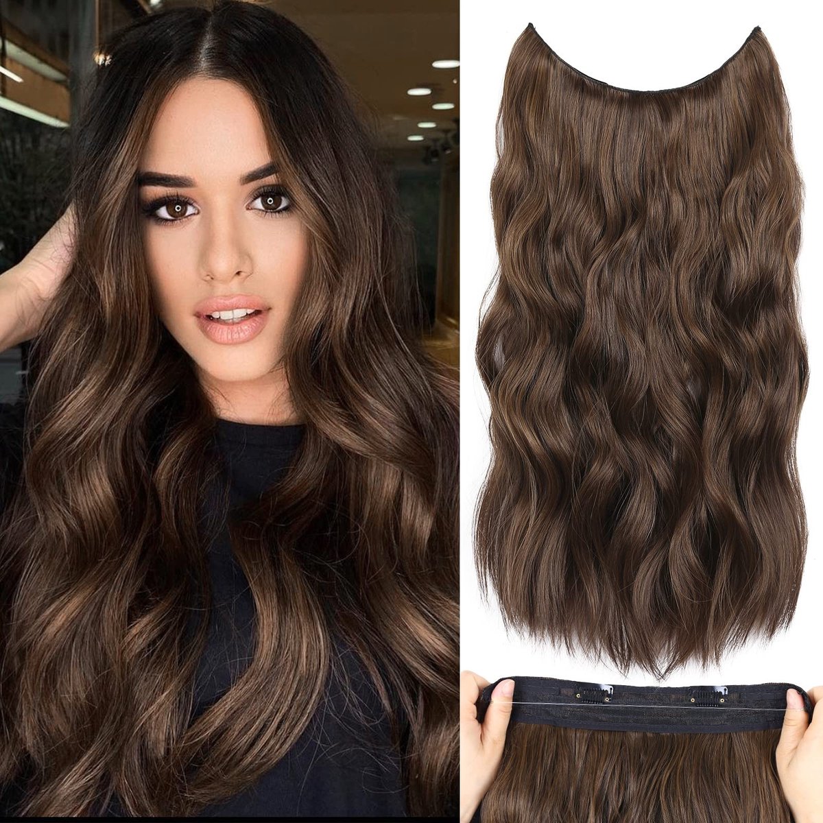 Onzichtbare Haarextensions - 50 cm Lang in Donkerbruin met Maroon