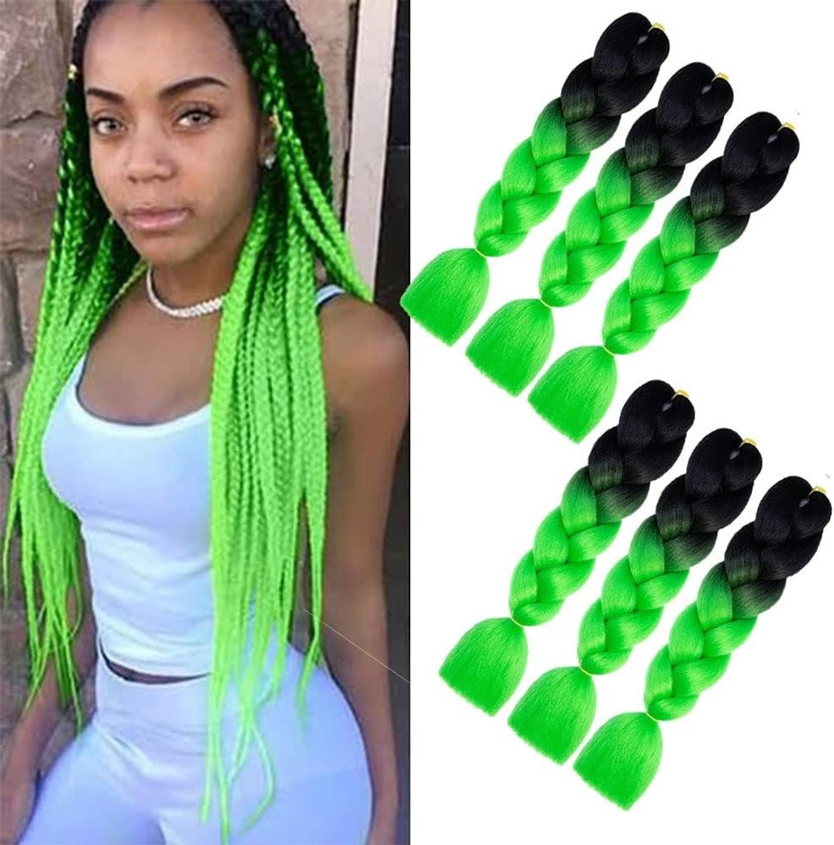 Zes Stukken Ombre Synthetisch Haar Extensions voor Jumbo Vlechten van 24 Inch - Afro en Box Vlechten (Zwart-Groen)