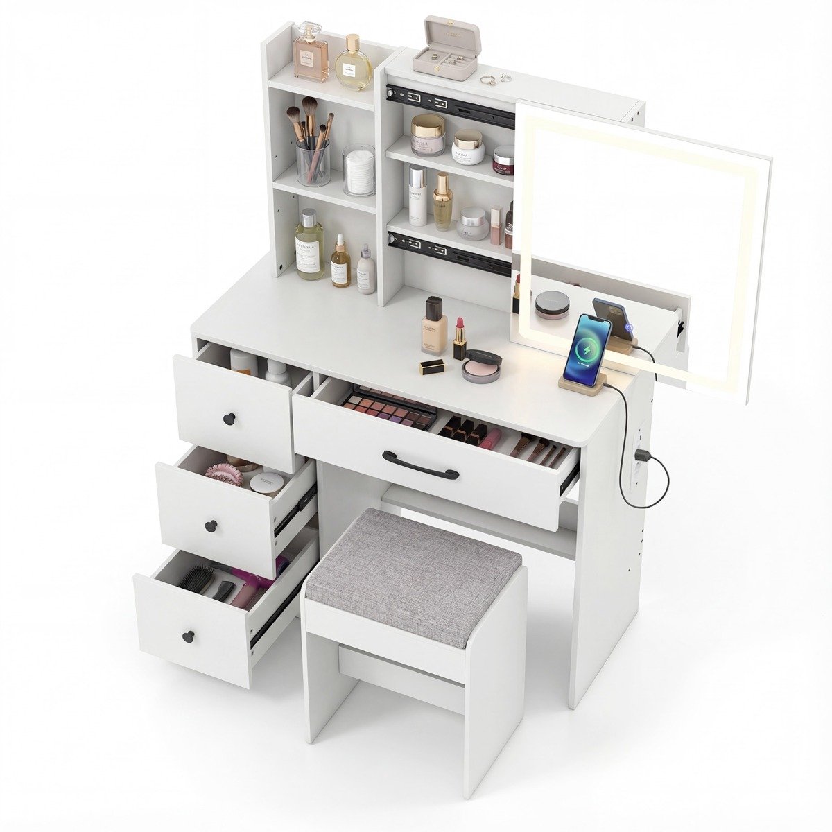 SureDeal® - Kaptafel - Kaptafel - Spiegel - Kruk Badkamermeubel - Stoel Moderne Kaptafel - 96x40x135 cm - Wit