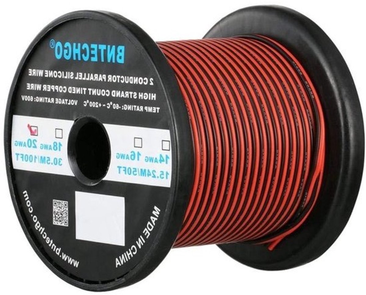 Siliconen Draad - Koperdraad Verlengkabel - Elektrische Aansluitingen - Hoge Temperatuurbestendig - 100 ft - Rood Zwart
