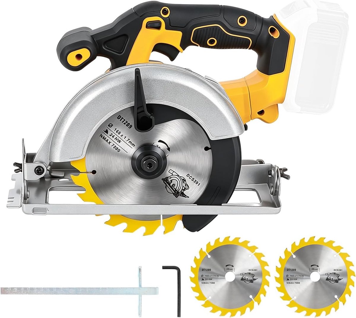 Draadloze Cirkelzaag 165mm met 2 Bladen, 3800RPM Borstelloze Motor, Ideaal voor Hout, Kunststof en Zacht Metaal, Snijdiepte tot 4.5cm en Hoekinstelling tot 45°