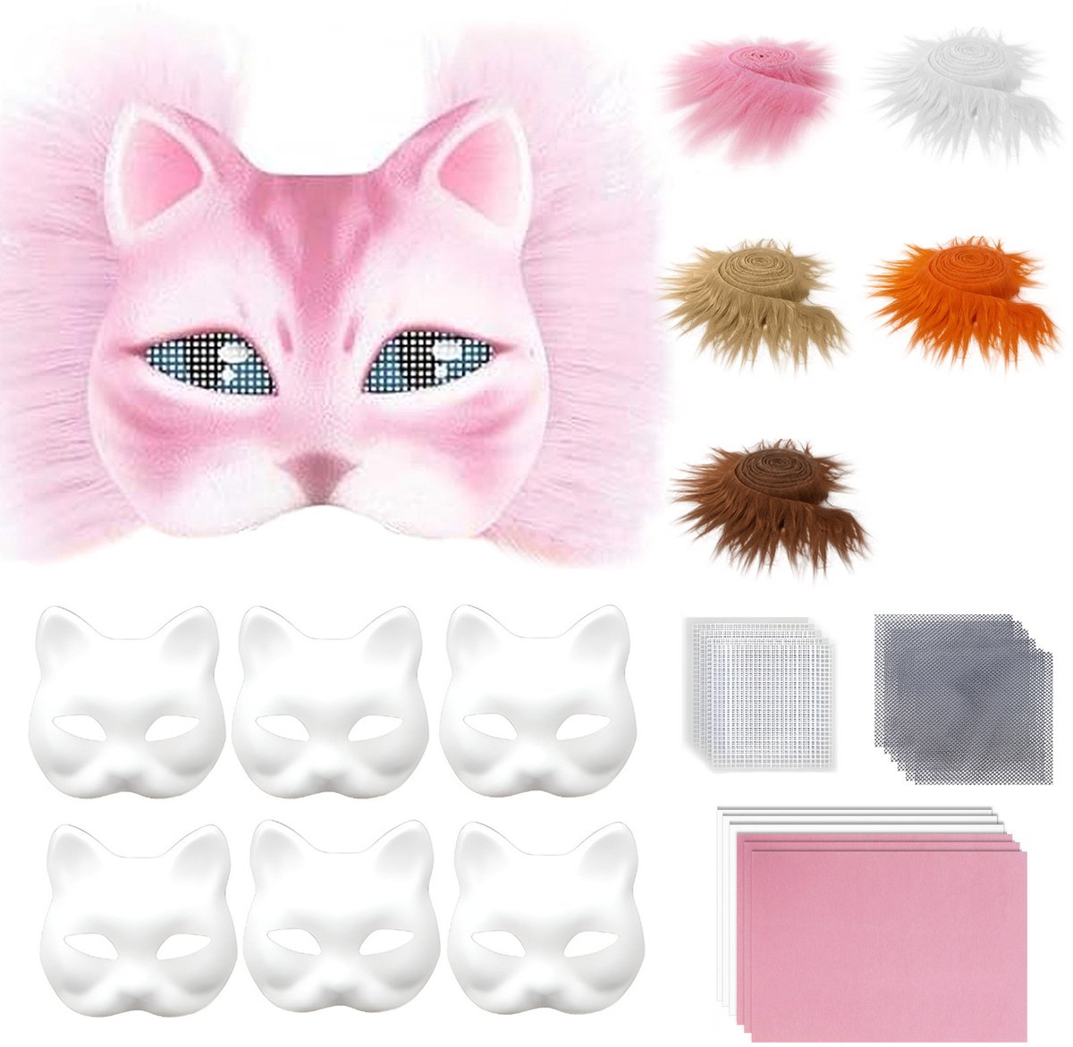 Maskerset - DIY Kattenmasker Knutselset - 6 Witte Kattenmaskers Met Kunstvacht, Gaas En Vilt - Zelf Een Dierenmasker Maken - Creatieve Verkleedset Voor Carnaval, Cosplay, Feestjes En Rollenspellen - Masker Voor Kinderen En Volwassenen