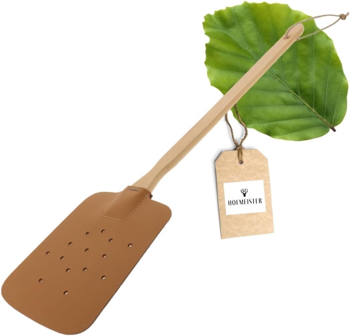 Elektrische vliegenmepper - Naturel - 47,5 x 10 x 1,2 cm - Beukenhout met Leren Band - Voor Binnen en Buitengebruik