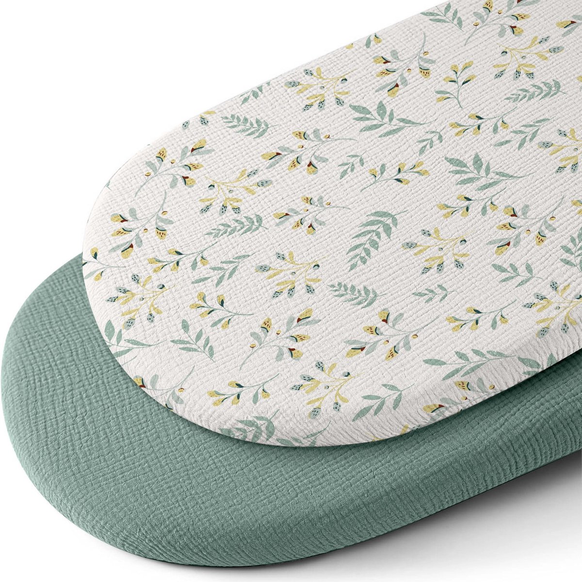 Hoes voor babynest, set van 2 stuks, rekbare omslaghoes van katoen gaas, past voor 82 × 41 cm babynest, alleen hoes, nestvulling niet inbegrepen，Rekbare gaas‑katoen hoes voor babynest，Crèmegroen + Gele Bloem
