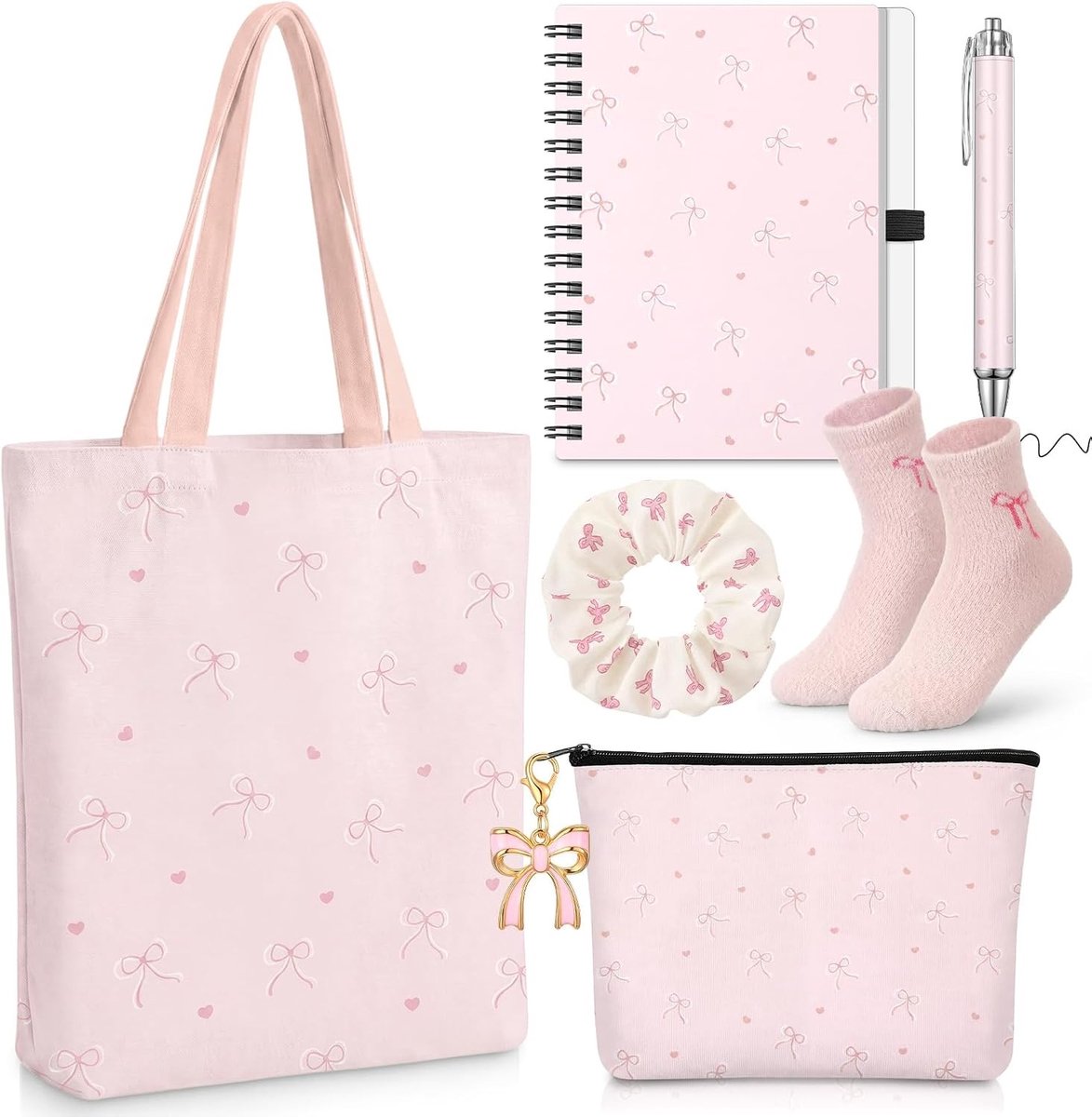 7-delige Cadeauset voor Vrouwen met Tote Bag, Cosmetica Tas, Sleutelhanger, Sokken, Notitieboek, Pen en Haarelastiek - Perfect voor Verjaardagen, Kerst en Valentijnsdag
