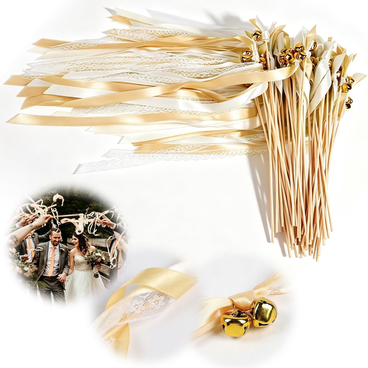 Champagne Wedding Wands - 50 Stuks met Grote Klokken en Ribbons